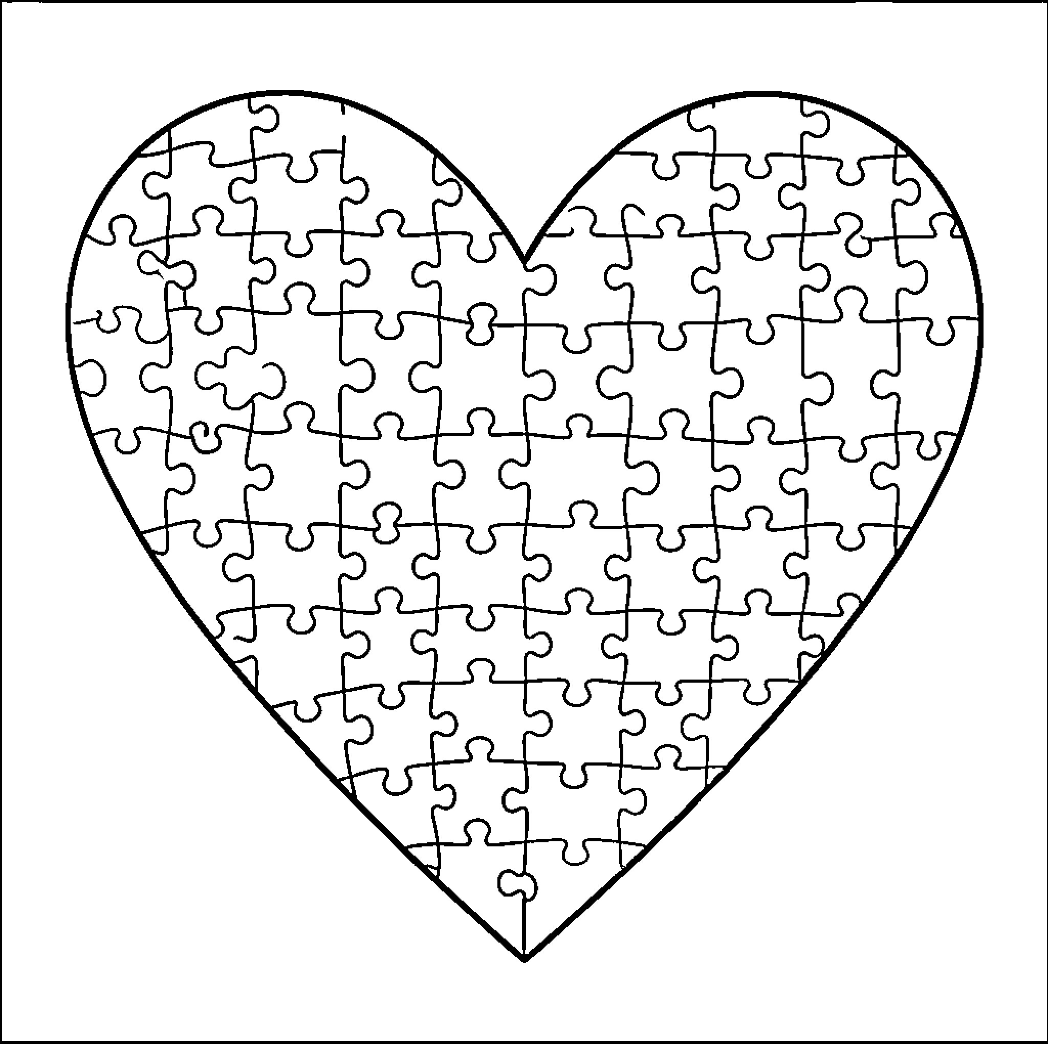 Heart-shaped Puzzle Pieces Coloring Page (free black-and-white line drawing printable PDF for all, from beginners to advanced learners, including children, teens, adults, and seniors)