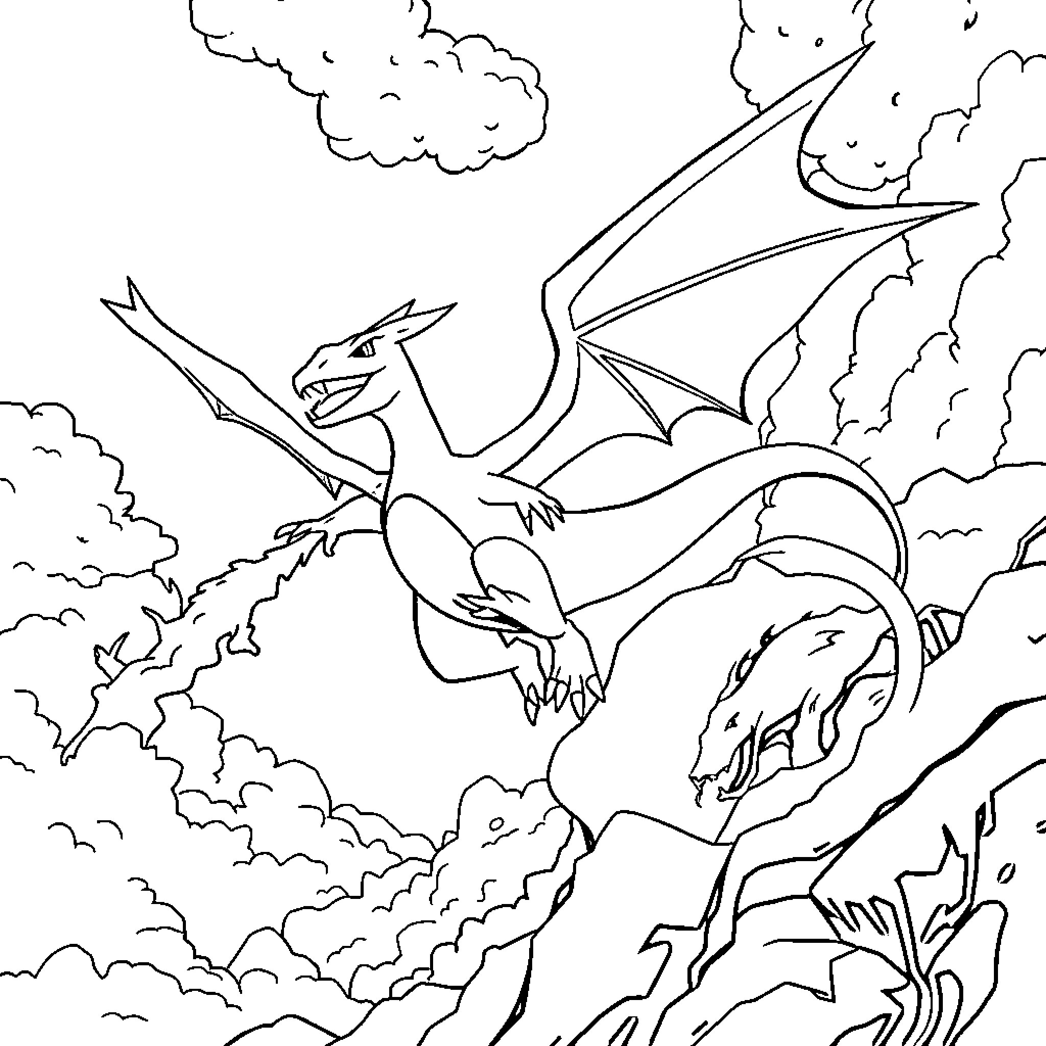 Charizard soaring amidst clouds and storms Coloring Page (free black-and-white line drawing printable PDF for all, from beginners to advanced learners, including children, teens, adults, and seniors)