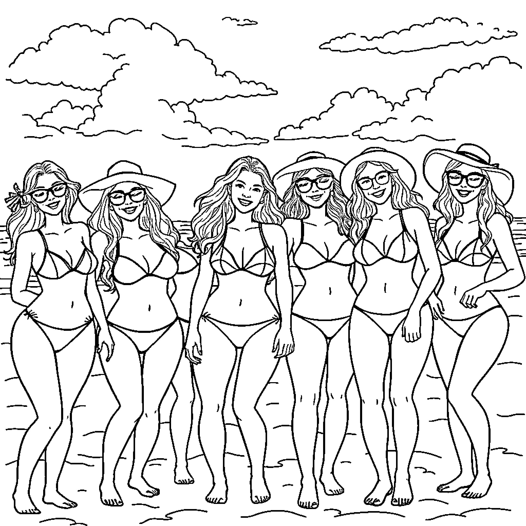 Lady Beach Party with Friends in Swimwear Coloring Page (free black-and-white line drawing printable PDF for all, from beginners to advanced learners, including children, teens, adults, and seniors)