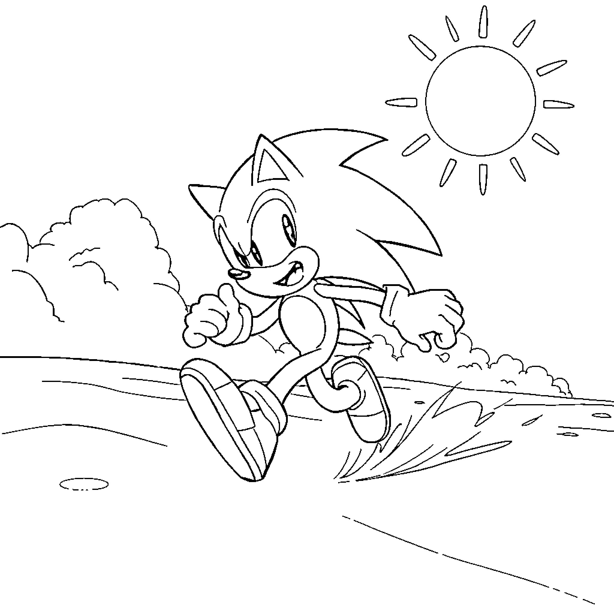 Sonic running happily in the sunny outdoors Coloring Page (free black-and-white line drawing printable PDF for all, from beginners to advanced learners, including children, teens, adults, and seniors)