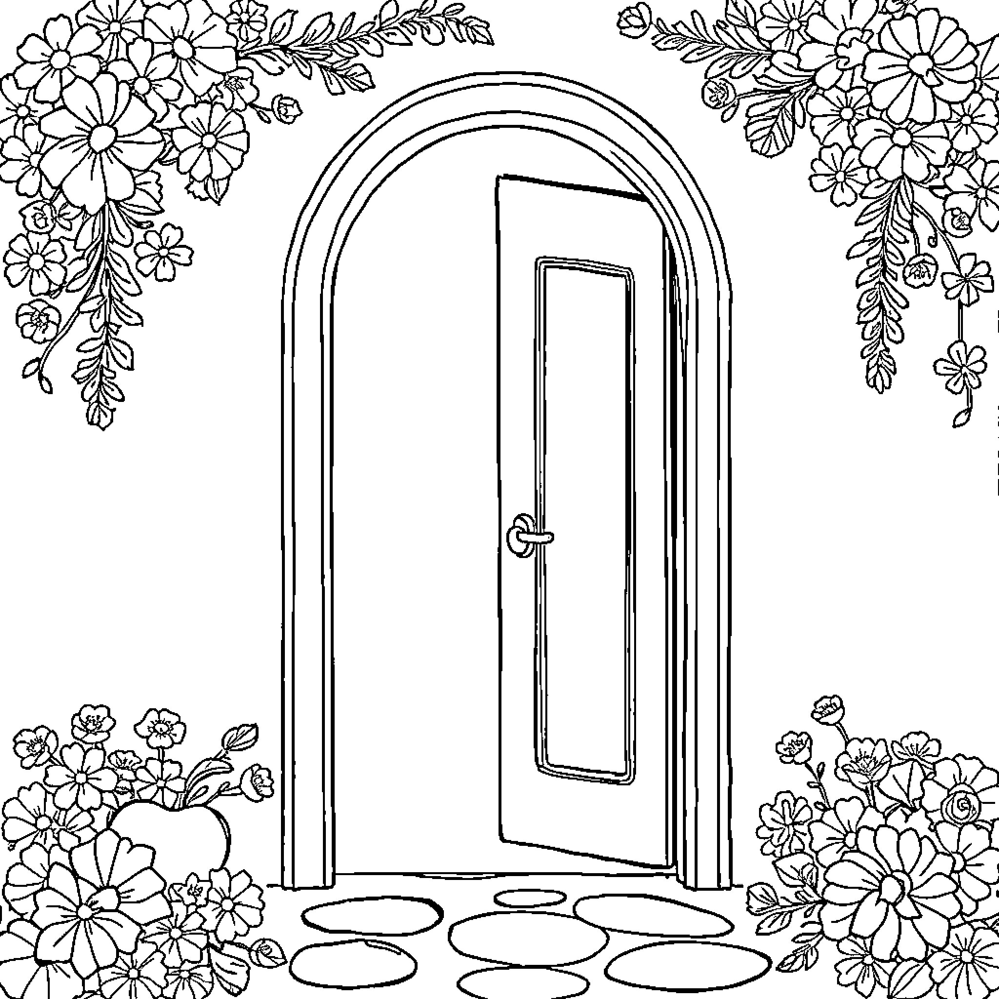 Blessing of the Floral Doorway Coloring Page (free black-and-white line drawing printable PDF for all, from beginners to advanced learners, including children, teens, adults, and seniors)