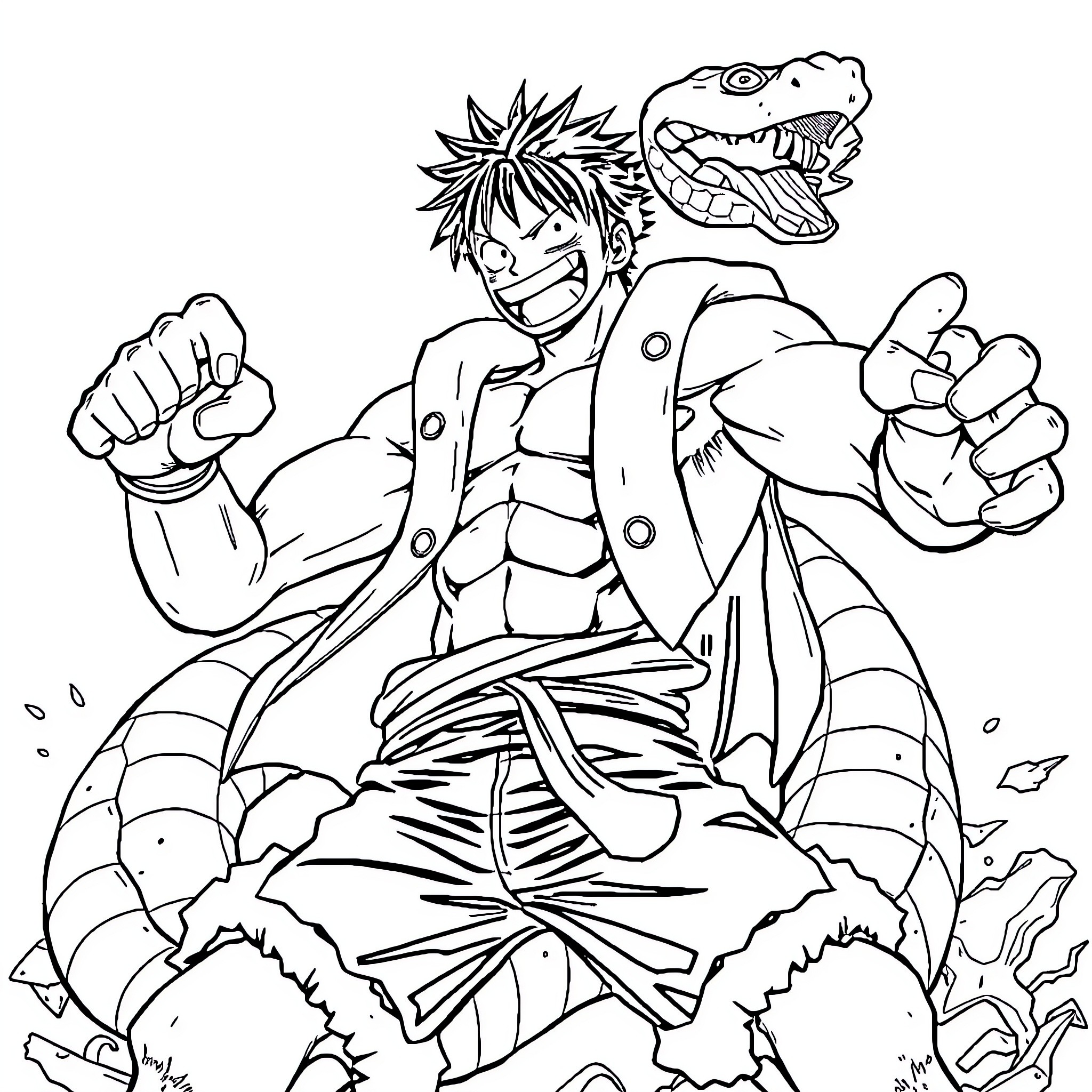 Luffy Defeating a Formidable Opponent with Determination Coloring Page (free black-and-white line drawing printable PDF for all, from beginners to advanced learners, including children, teens, adults, and seniors)