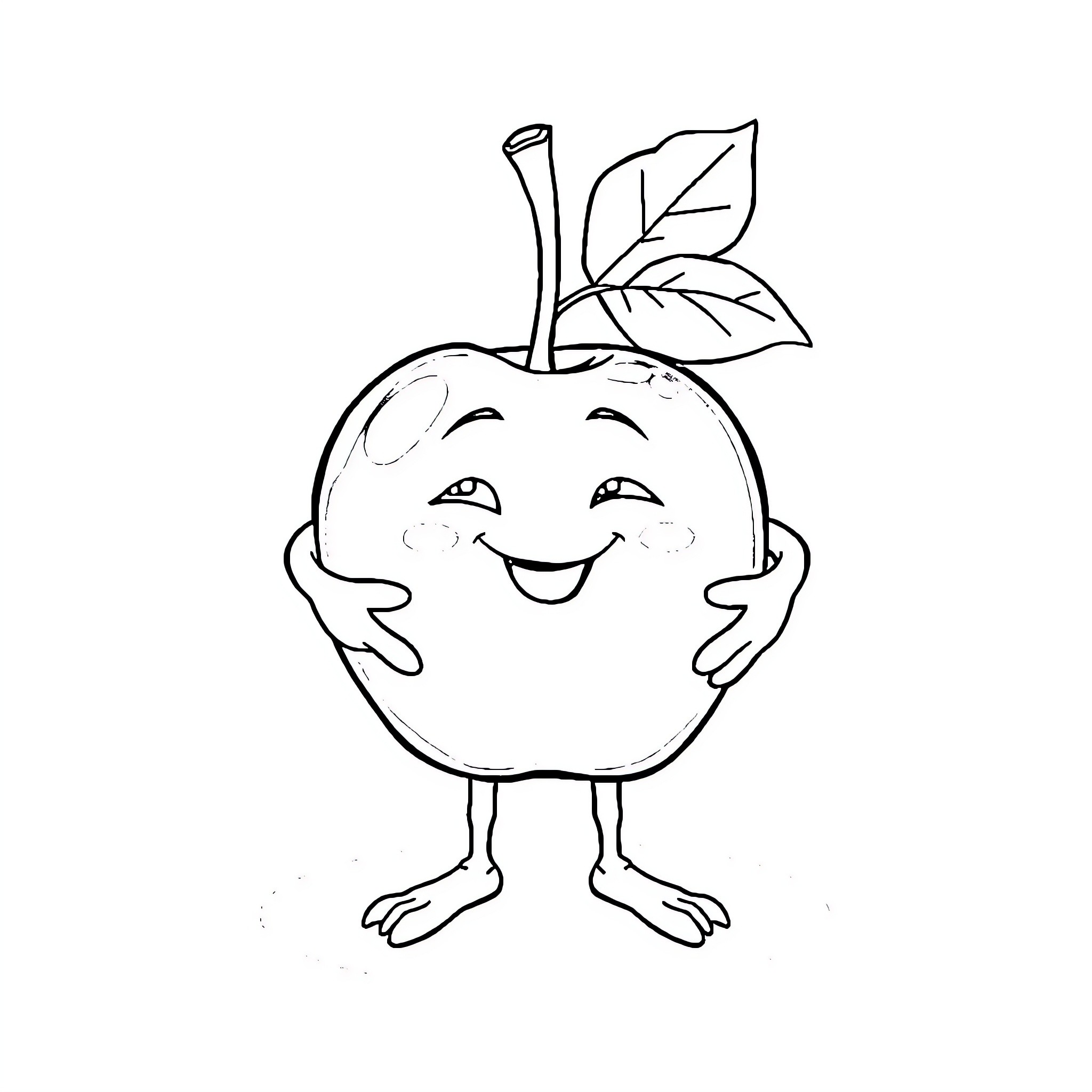 Apple character with happy expression Coloring Page (free black-and-white line drawing printable PDF for all, from beginners to advanced learners, including children, teens, adults, and seniors)