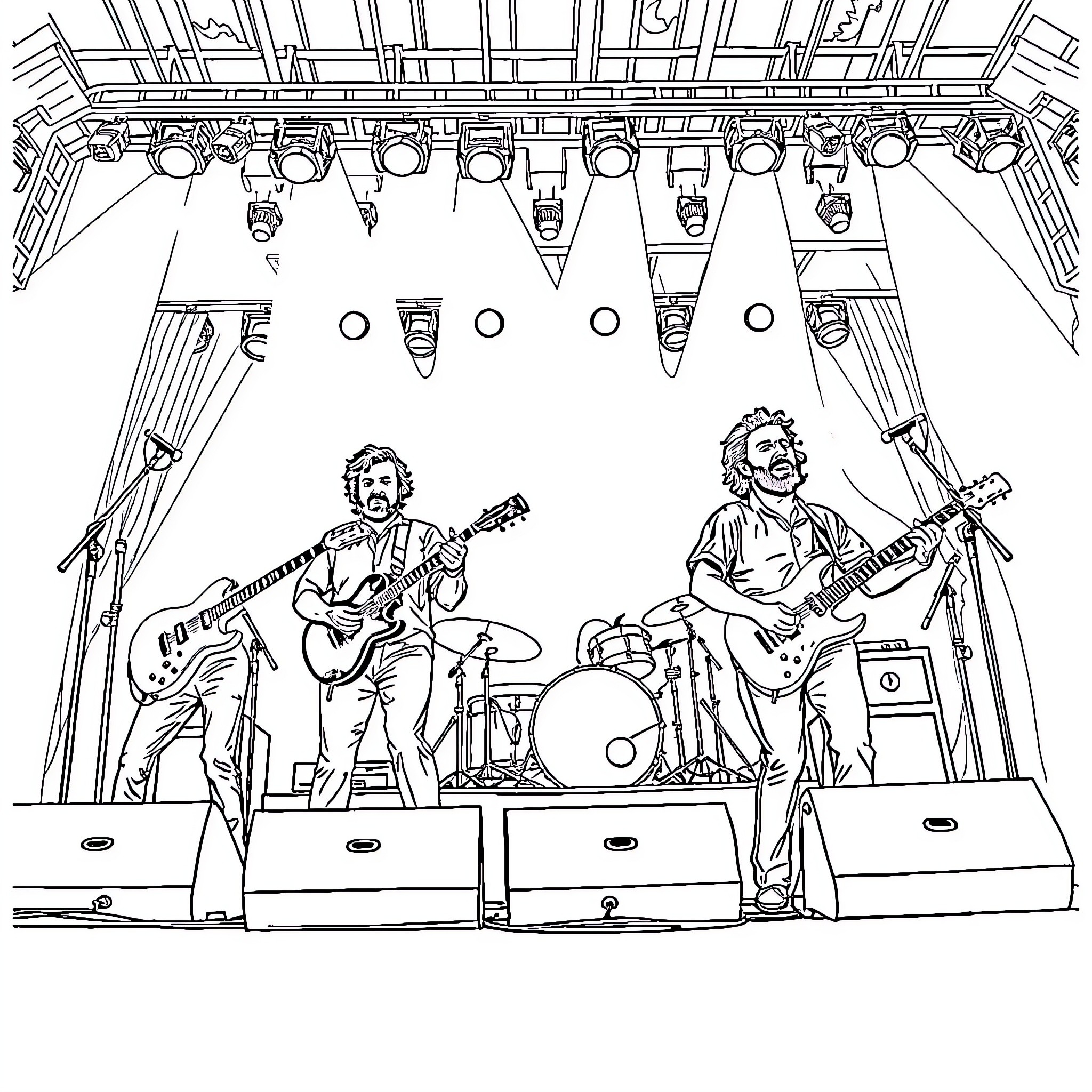 Dave Matthews Band Performing on Stage Coloring Page (free black-and-white line drawing printable PDF for all, from beginners to advanced learners, including children, teens, adults, and seniors)