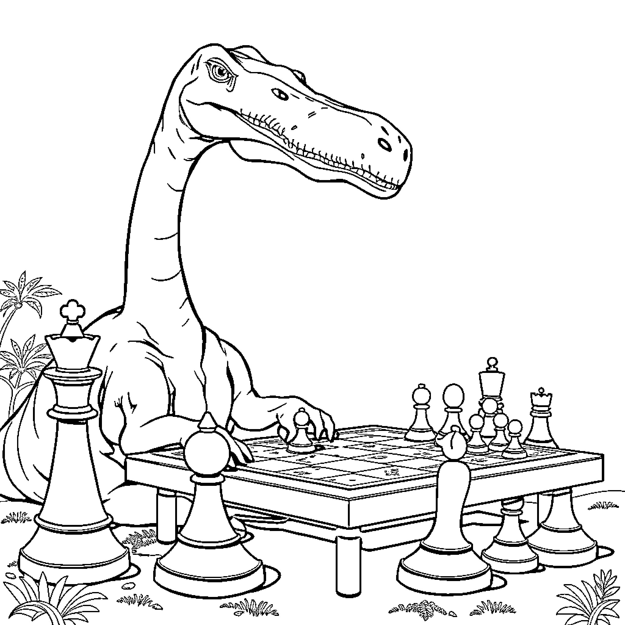 Brachiosaurus playing chess with chess pieces Coloring Page (free black-and-white line drawing printable PDF for all, from beginners to advanced learners, including children, teens, adults, and seniors)