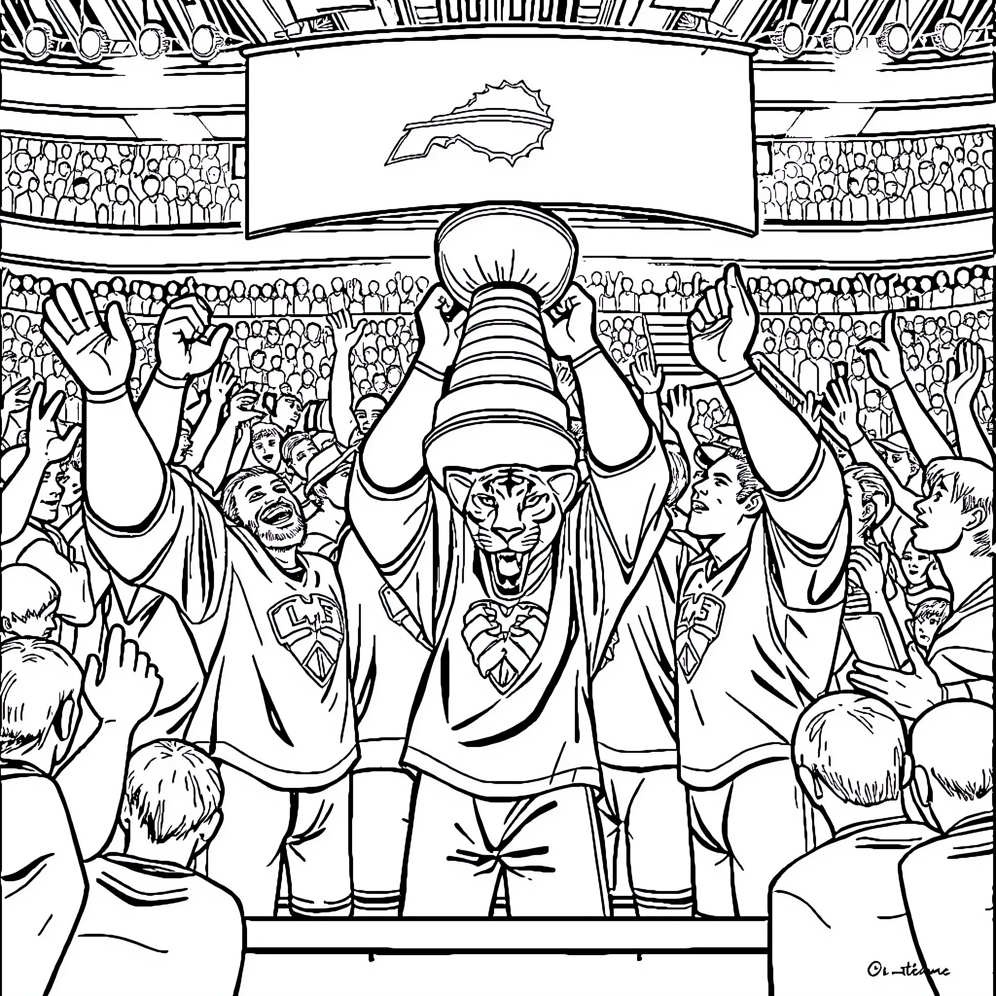 Florida Panthers Celebrate Championship Victory Coloring Page (free black-and-white line drawing printable PDF for all, from beginners to advanced learners, including children, teens, adults, and seniors)