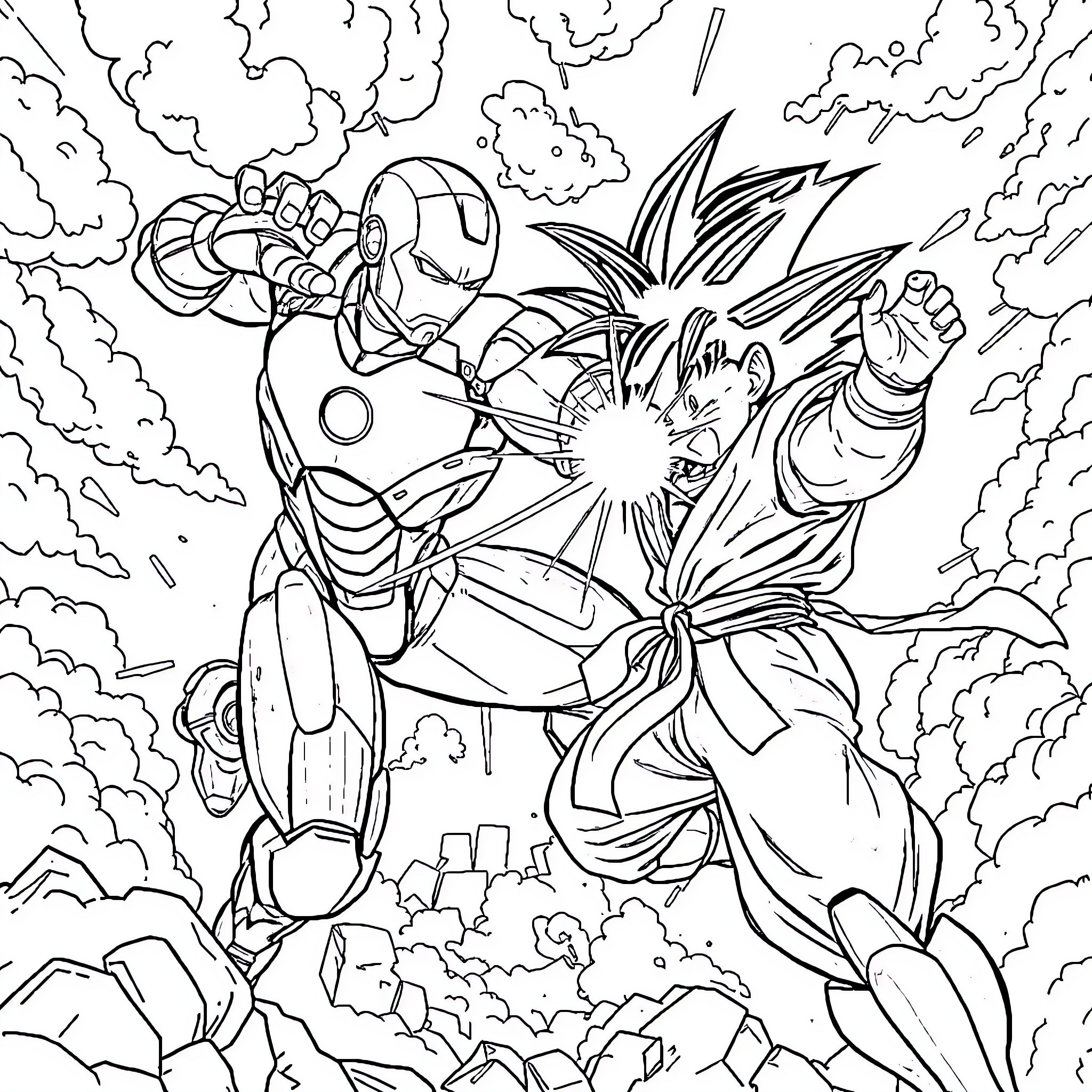 Iron Man battling a powerful enemy in the sky Coloring Page (free black-and-white line drawing printable PDF for all, from beginners to advanced learners, including children, teens, adults, and seniors)