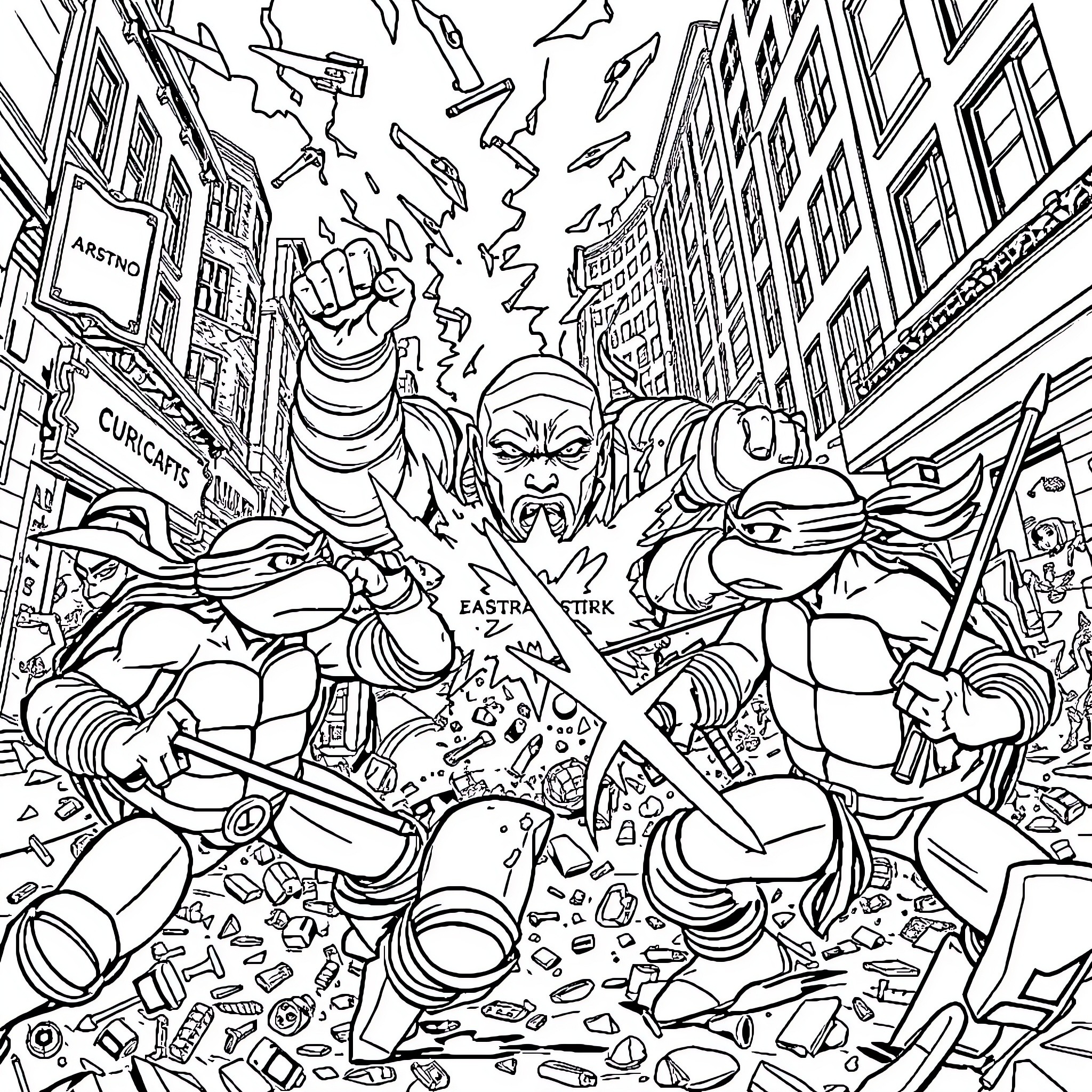 Ninja Turtle heroes saving the city from destruction Coloring Page (free black-and-white line drawing printable PDF for all, from beginners to advanced learners, including children, teens, adults, and seniors)
