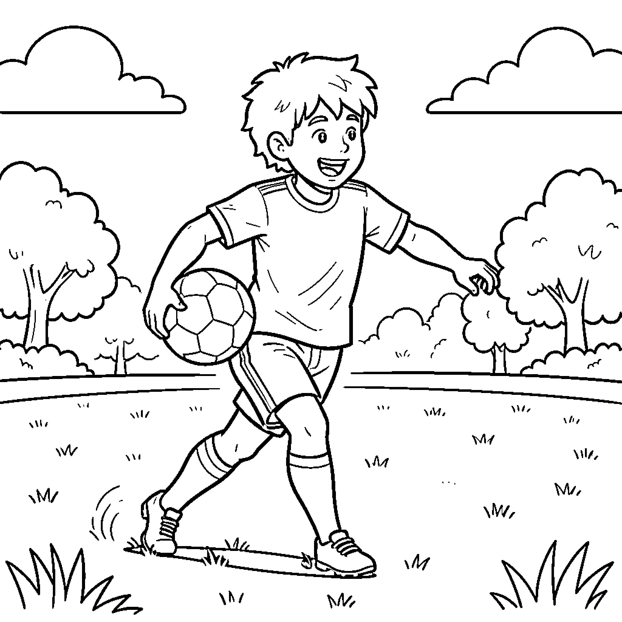 Swann playing soccer with a joyful expression Coloring Page (free black-and-white line drawing printable PDF for all, from beginners to advanced learners, including children, teens, adults, and seniors)