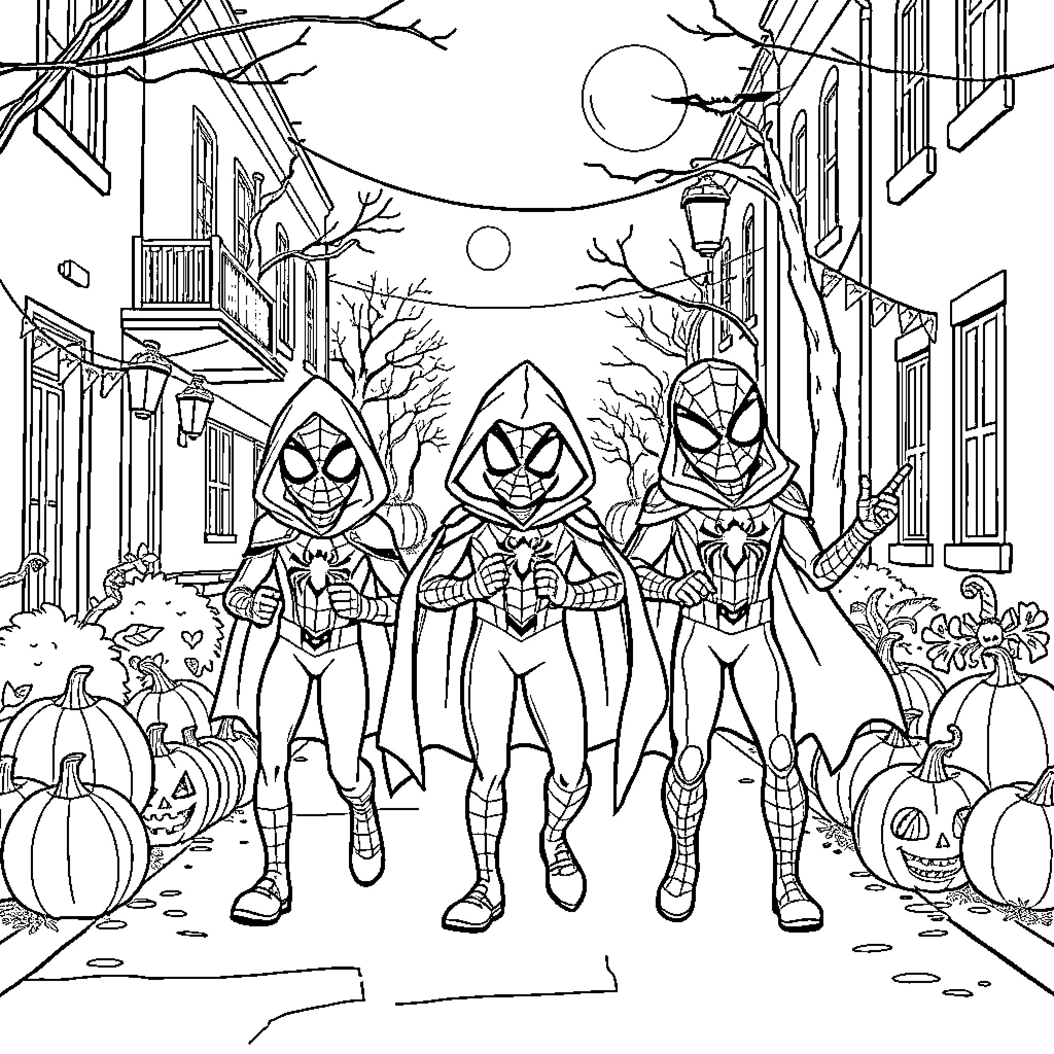 Spiderman heroes on a Halloween night adventure Coloring Page (free black-and-white line drawing printable PDF for all, from beginners to advanced learners, including children, teens, adults, and seniors)