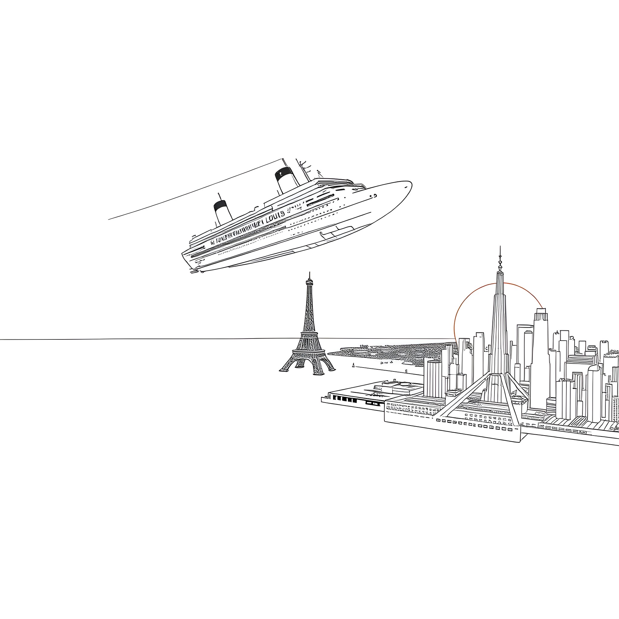 Spirit Of St. Louis travels over iconic city skyline Coloring Page (free black-and-white line drawing printable PDF for all, from beginners to advanced learners, including children, teens, adults, and seniors)