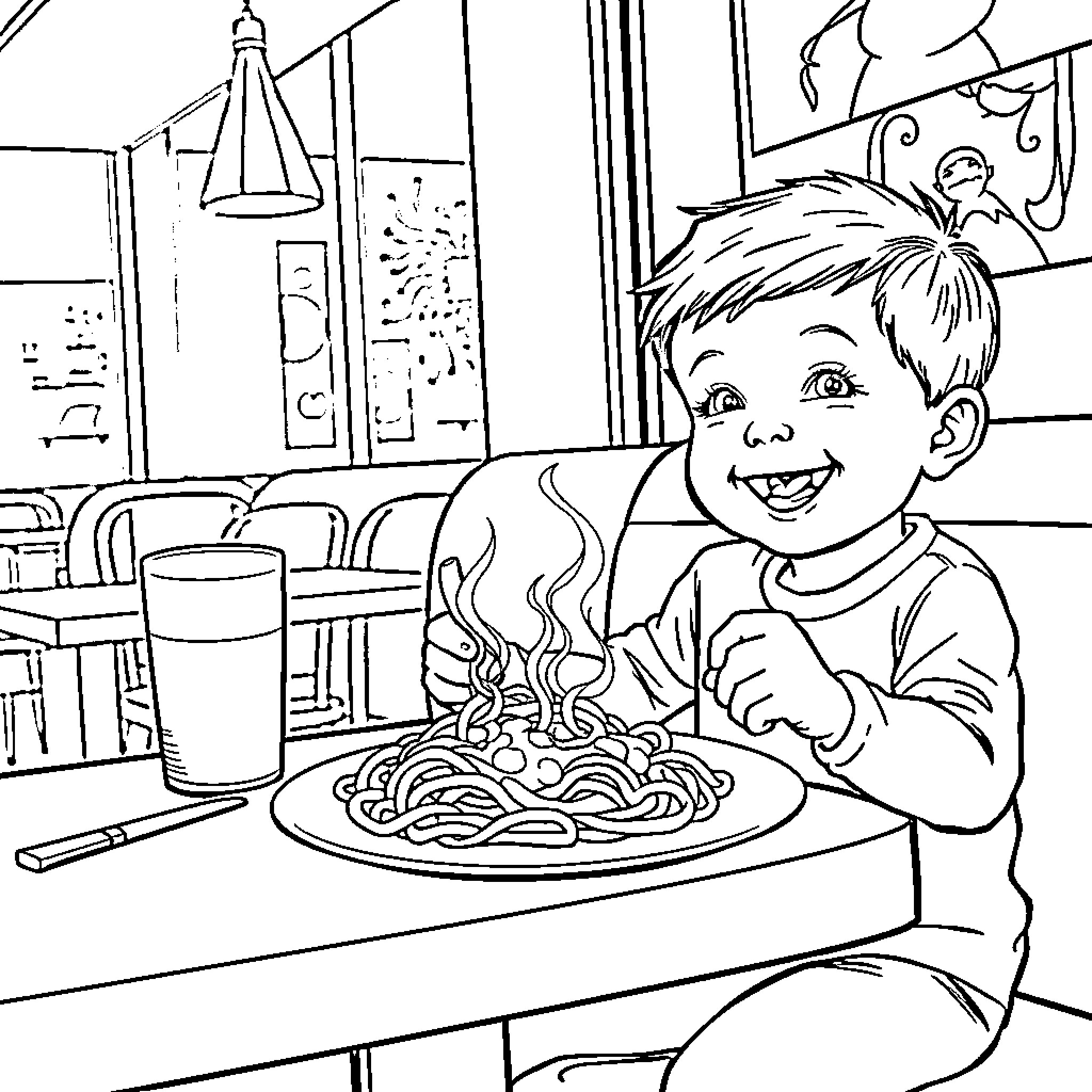 Child Enjoying a Delicious Meal Coloring Page (free black-and-white line drawing printable PDF for all, from beginners to advanced learners, including children, teens, adults, and seniors)