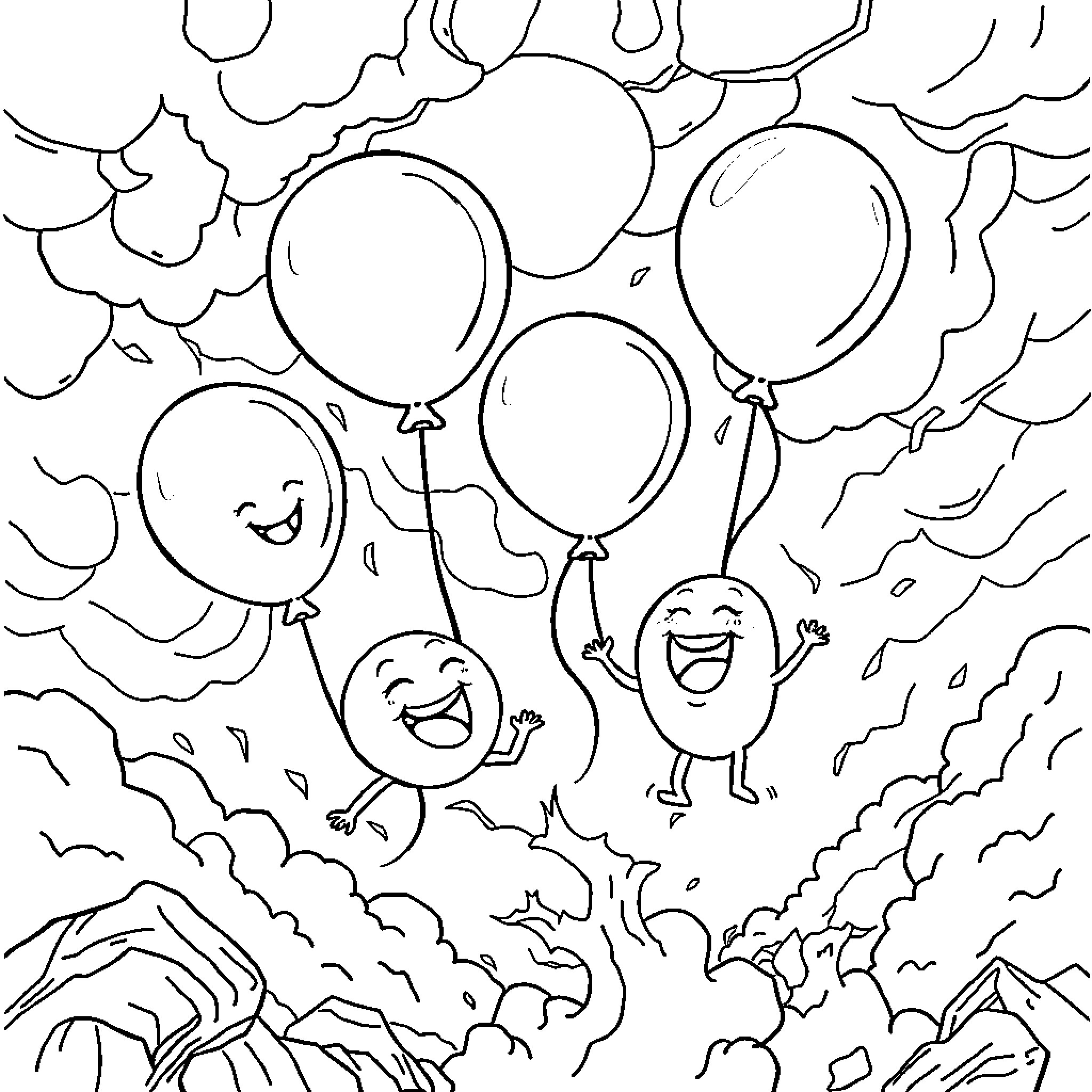 Balloon Figures Floating Joyfully in the Clouds Coloring Page (free black-and-white line drawing printable PDF for all, from beginners to advanced learners, including children, teens, adults, and seniors)