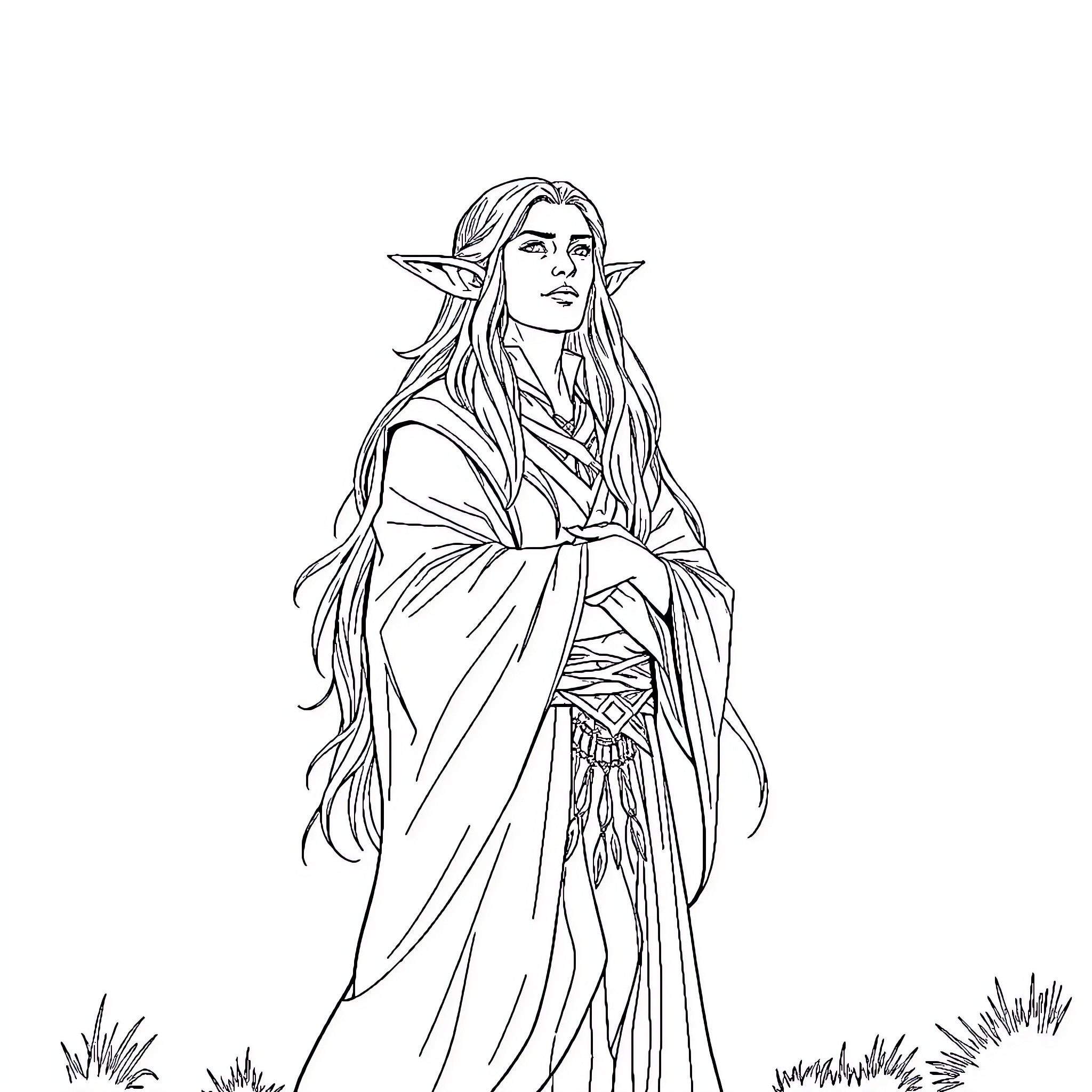 Frieren - Elegant Elf in Contemplative Pose Coloring Page (free black-and-white line drawing printable PDF for all, from beginners to advanced learners, including children, teens, adults, and seniors)