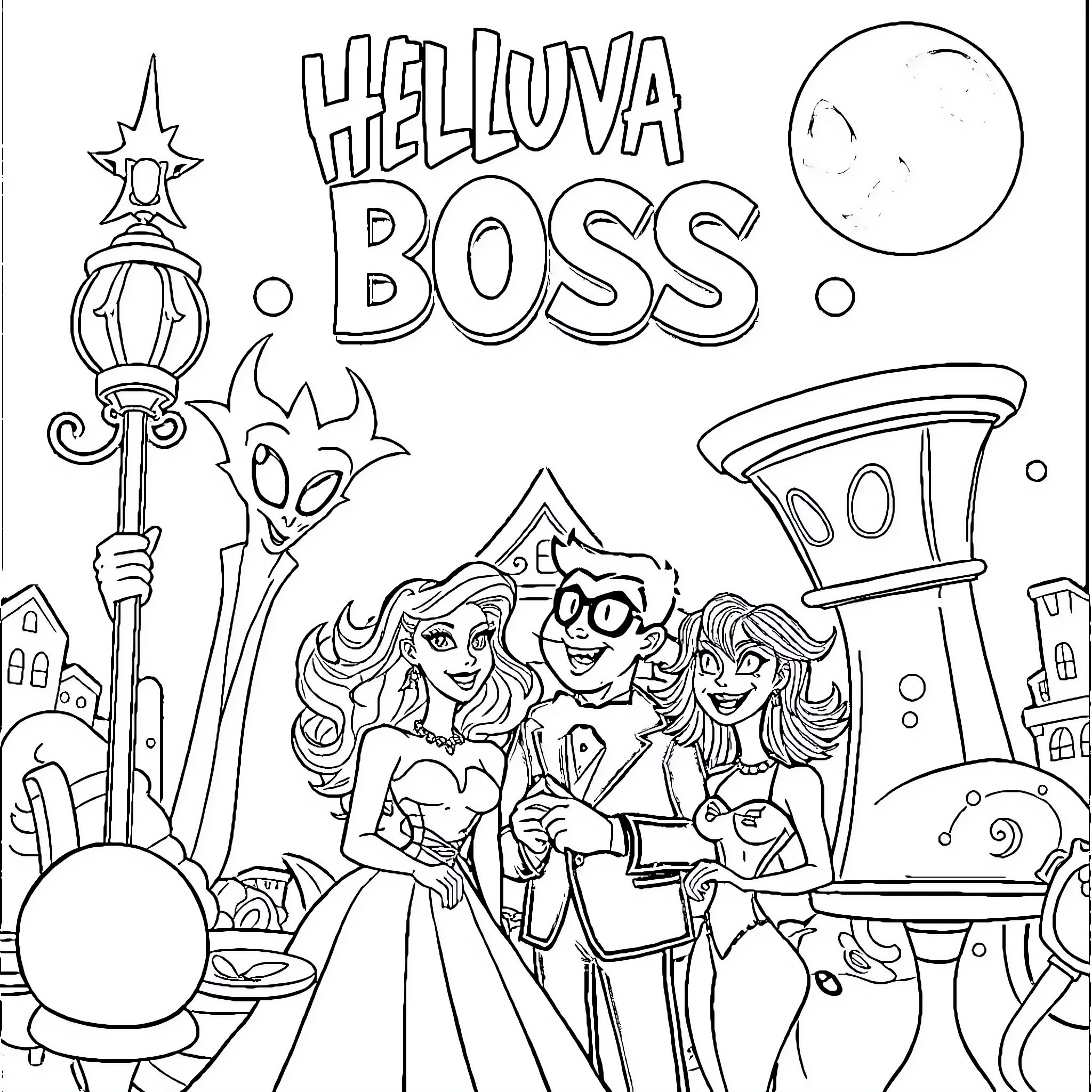 Helluva Boss Whimsical Characters in Fantastical Setting Coloring Page (free black-and-white line drawing printable PDF for all, from beginners to advanced learners, including children, teens, adults, and seniors)