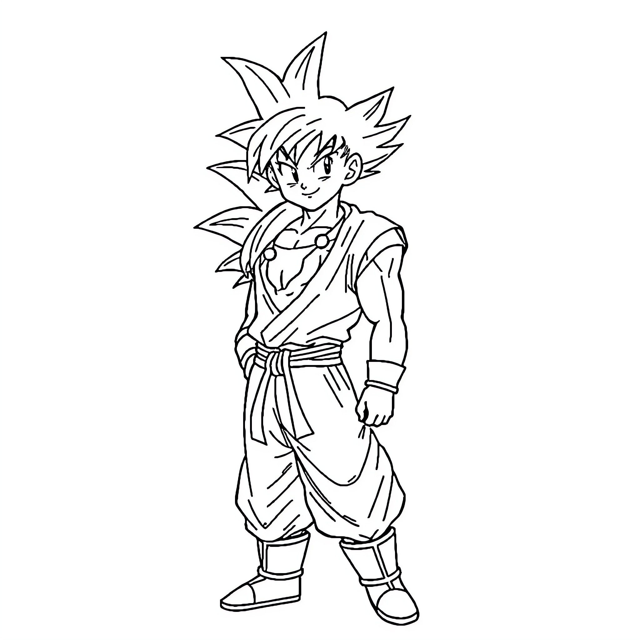Son Goku in a confident fighting stance Coloring Page (free black-and-white line drawing printable PDF for all, from beginners to advanced learners, including children, teens, adults, and seniors)
