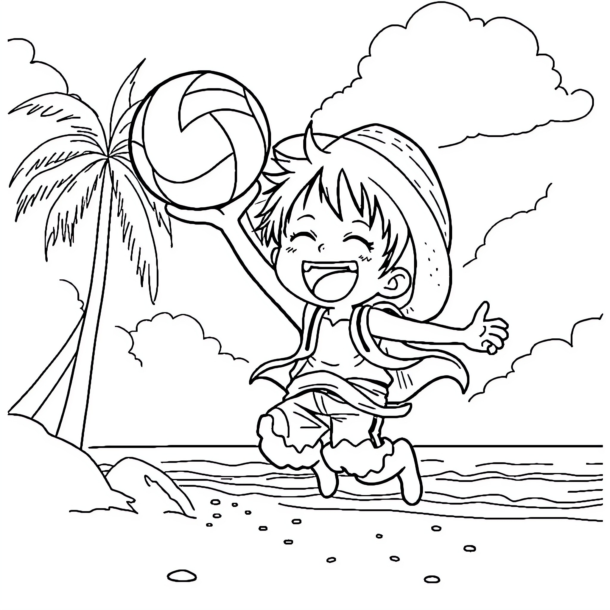 Chibi Luffy playing joyfully at the beach Coloring Page (free black-and-white line drawing printable PDF for all, from beginners to advanced learners, including children, teens, adults, and seniors)