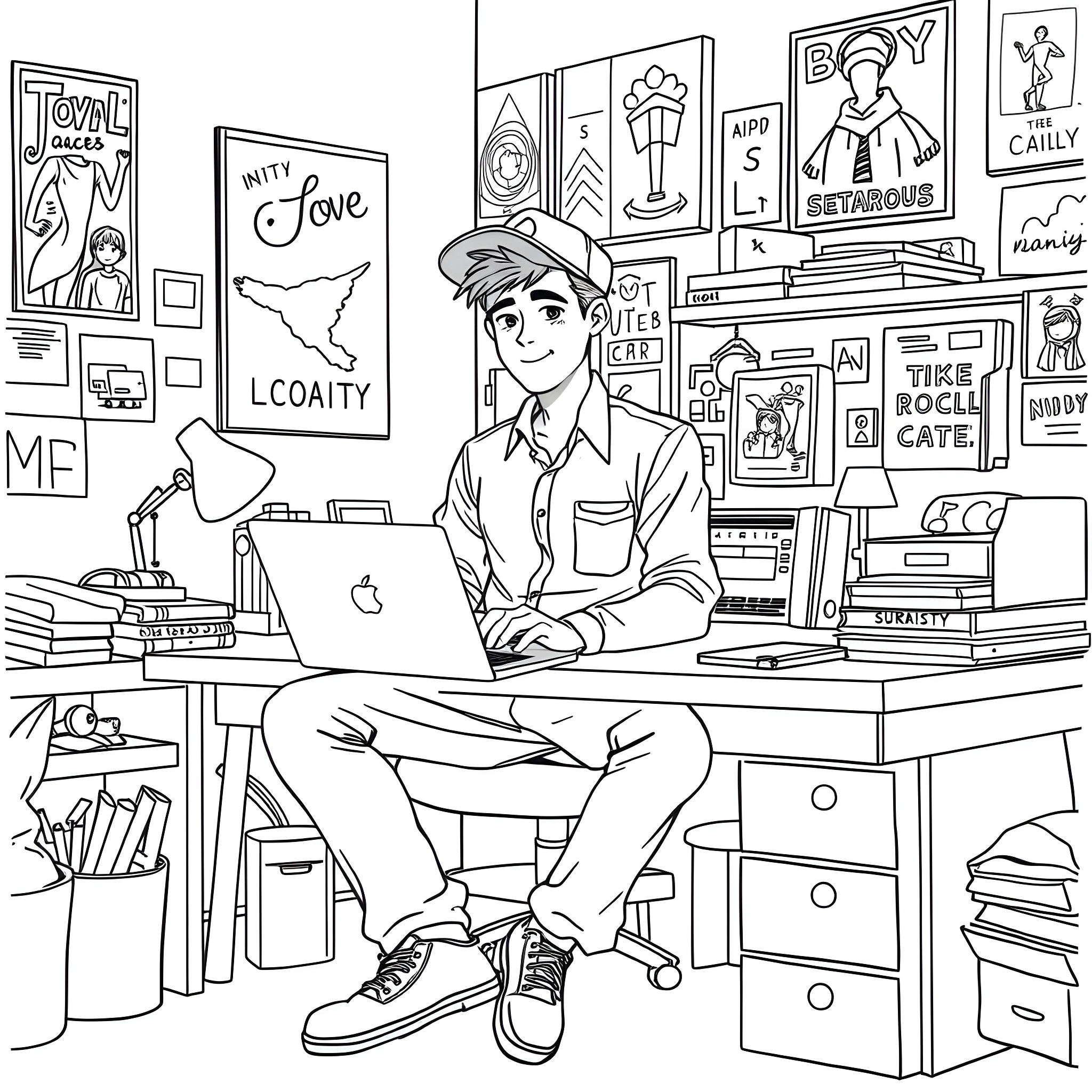 Teen Guy Working Diligently with Laptop in Cozy Office Coloring Page (free black-and-white line drawing printable PDF for all, from beginners to advanced learners, including children, teens, adults, and seniors)