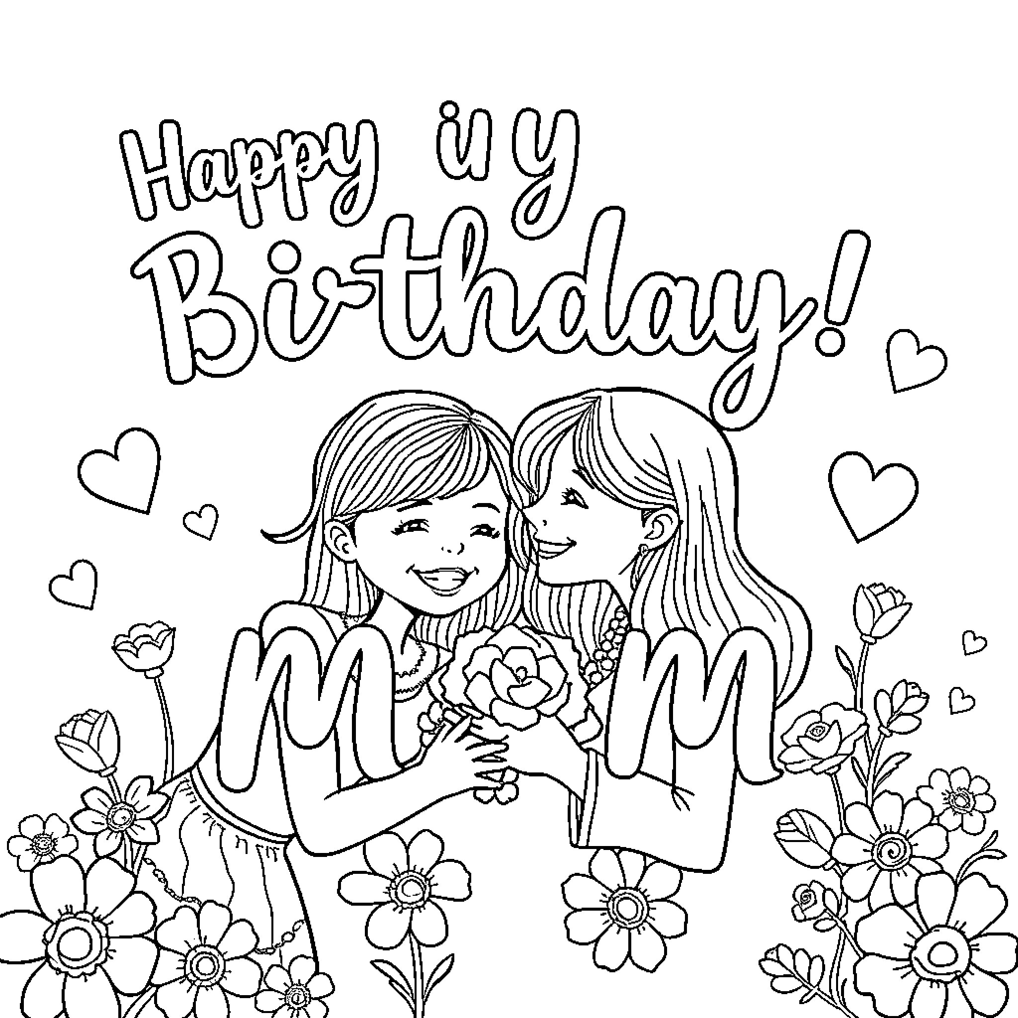 Mom and daughter celebrate happy birthday with flowers Coloring Page (free black-and-white line drawing printable PDF for all, from beginners to advanced learners, including children, teens, adults, and seniors)