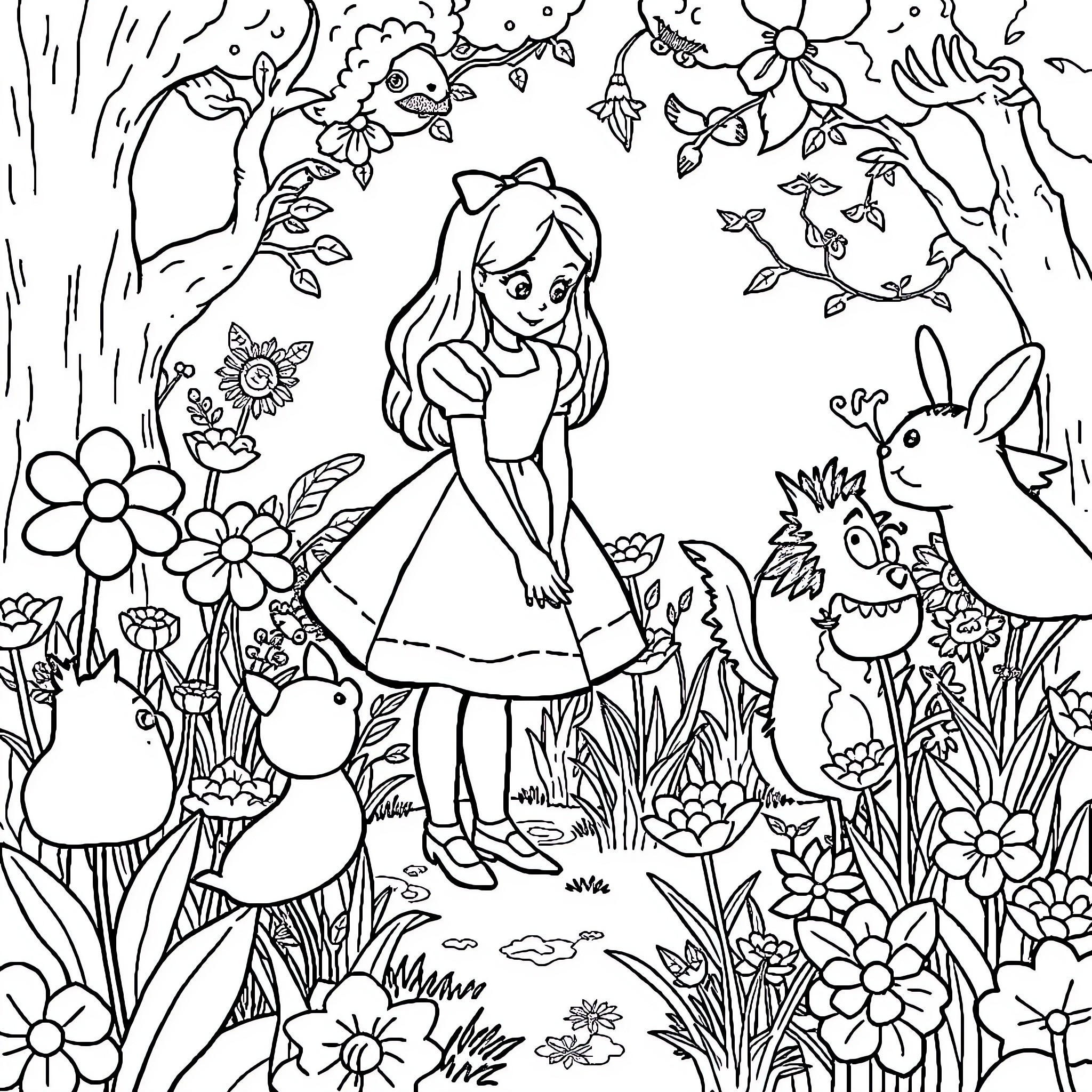 Alice in the Whimsical Wonderland Coloring Page (free black-and-white line drawing printable PDF for all, from beginners to advanced learners, including children, teens, adults, and seniors)