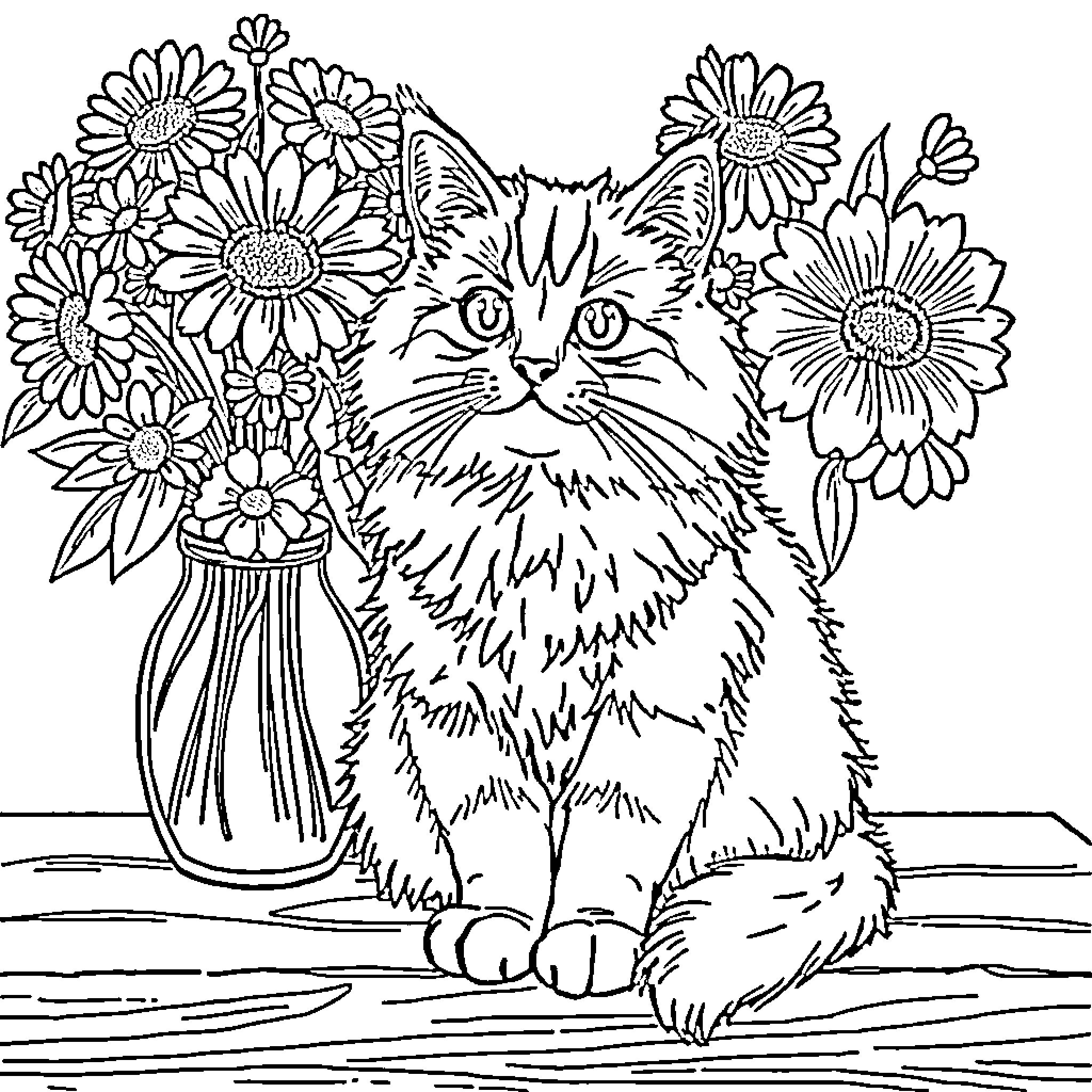 Cat among the flowers in a vase Coloring Page (free black-and-white line drawing printable PDF for all, from beginners to advanced learners, including children, teens, adults, and seniors)