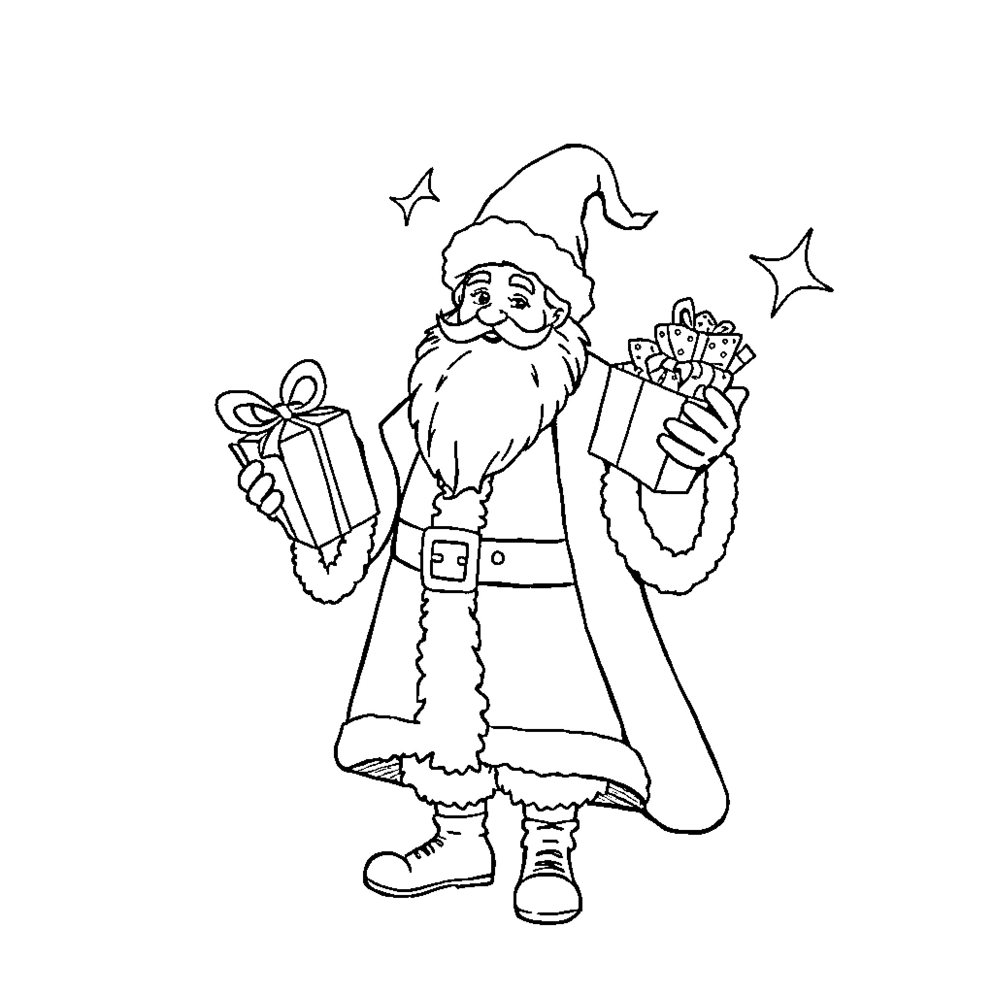 Sinterklaas delivering gifts and presents Coloring Page (free black-and-white line drawing printable PDF for all, from beginners to advanced learners, including children, teens, adults, and seniors)