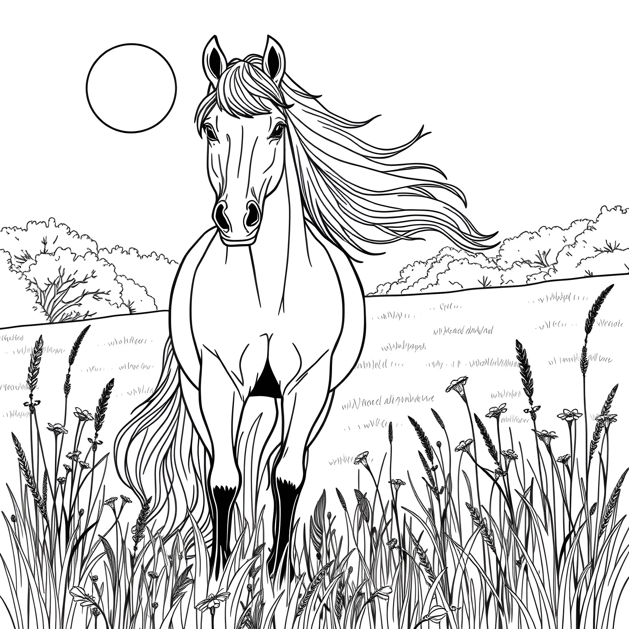 Horse galloping through a field of flowers Coloring Page (free black-and-white line drawing printable PDF for all, from beginners to advanced learners, including children, teens, adults, and seniors)