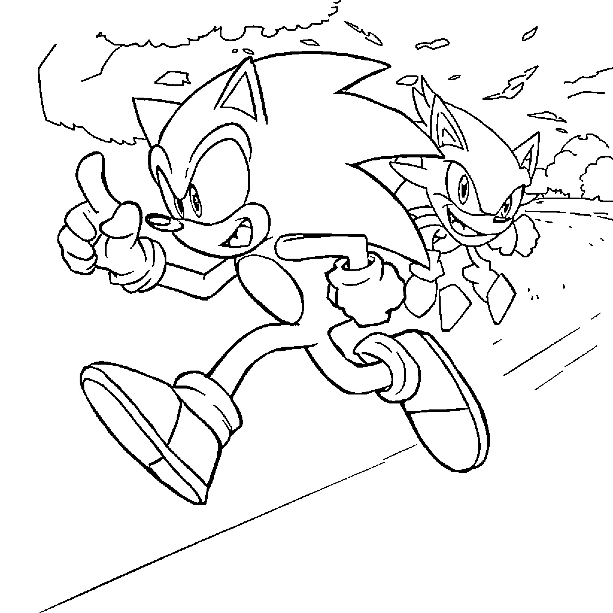 Sonic characters in an action-packed scene Coloring Page (free black-and-white line drawing printable PDF for all, from beginners to advanced learners, including children, teens, adults, and seniors)