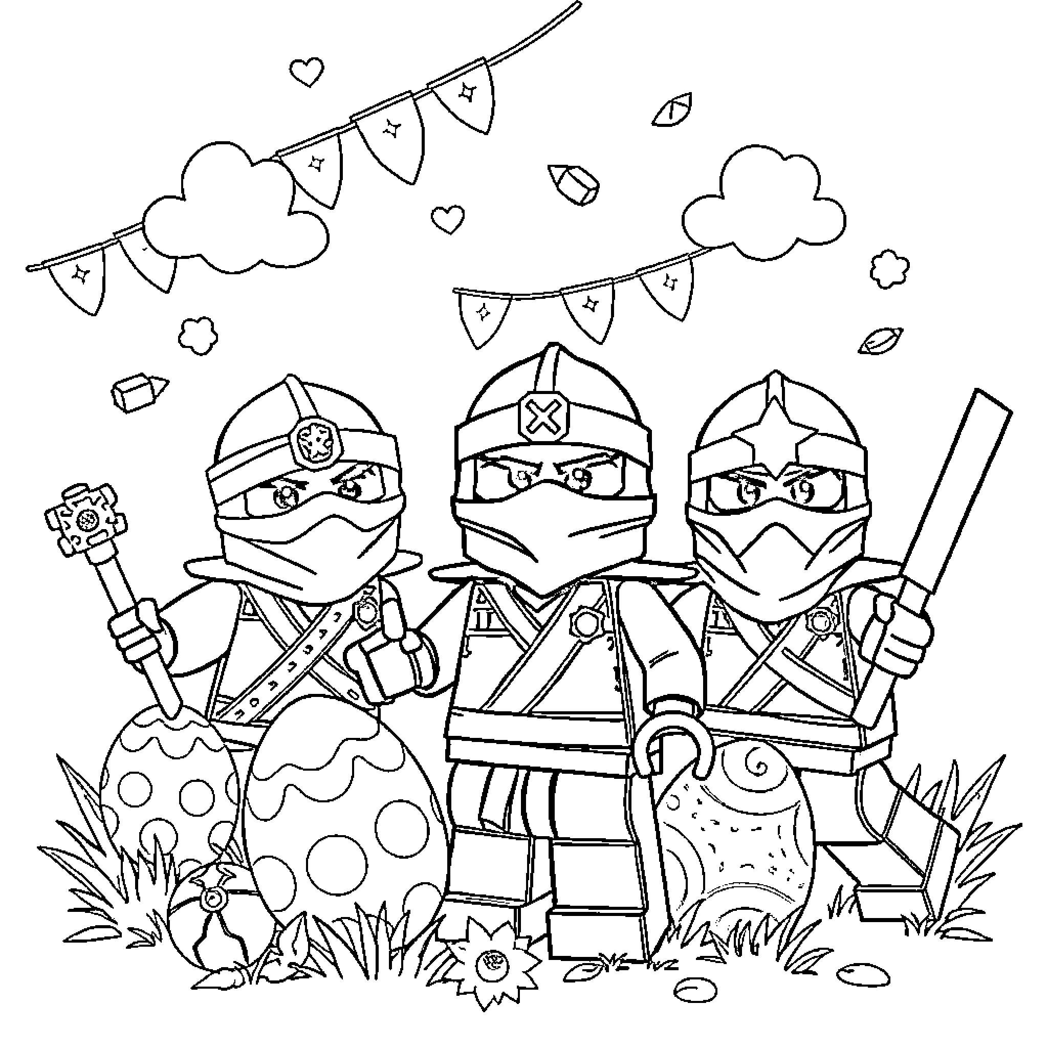 Ninjago ninjas in action with decorations Coloring Page (free black-and-white line drawing printable PDF for all, from beginners to advanced learners, including children, teens, adults, and seniors)