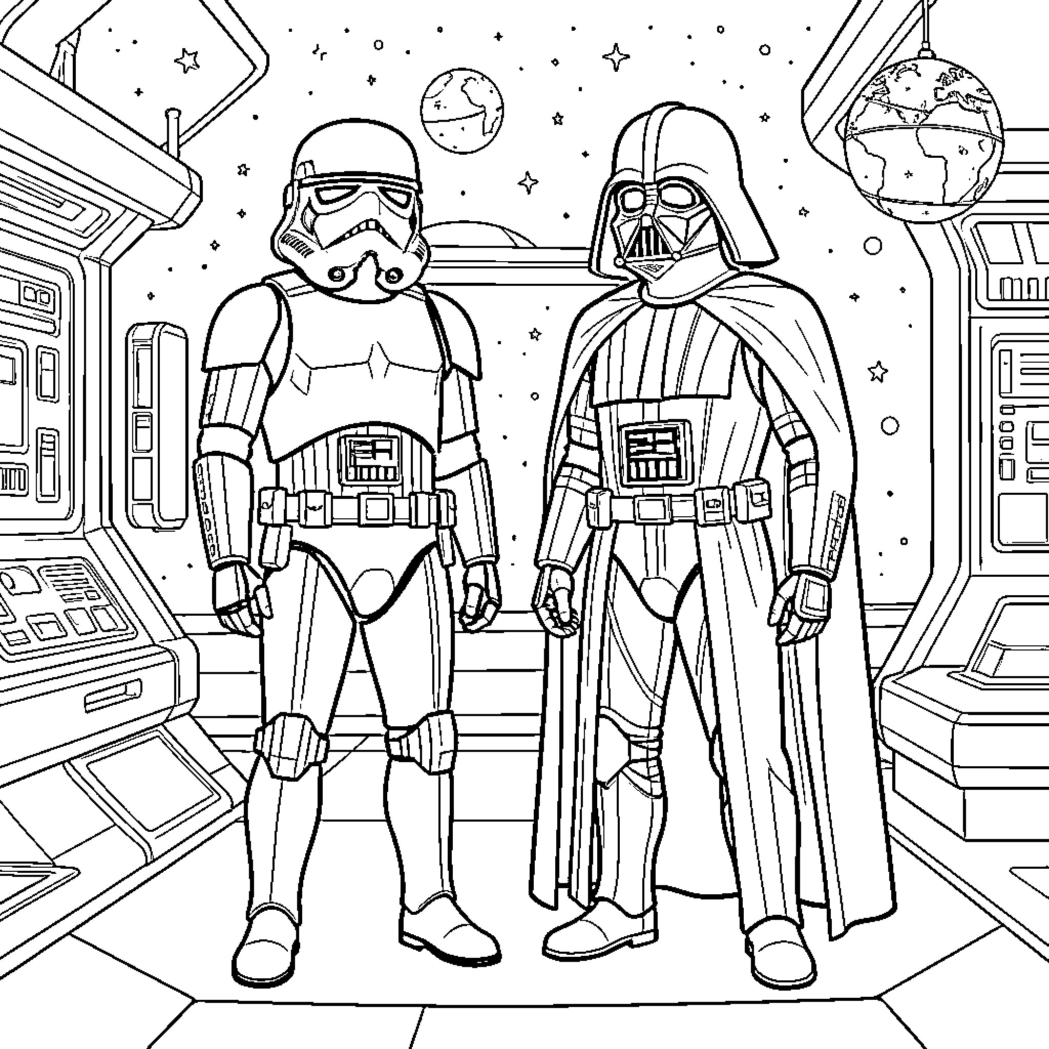 Star Wars Characters in Futuristic Space Setting Coloring Page (free black-and-white line drawing printable PDF for all, from beginners to advanced learners, including children, teens, adults, and seniors)