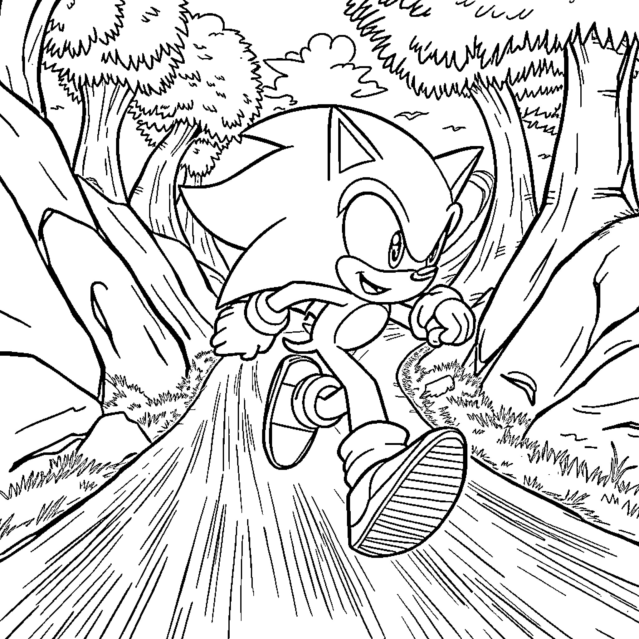Sonic running through the forest Coloring Page (free black-and-white line drawing printable PDF for all, from beginners to advanced learners, including children, teens, adults, and seniors)