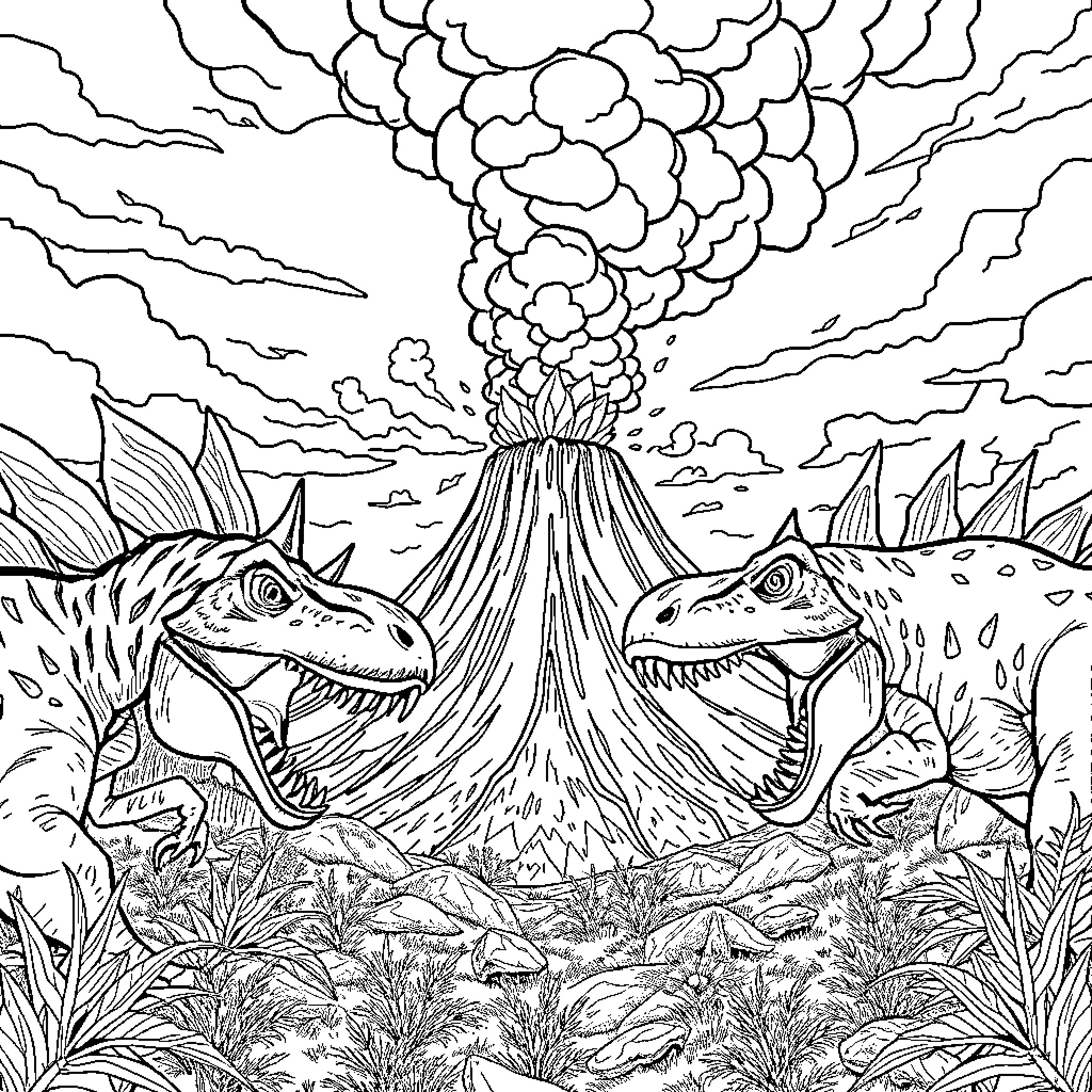 Dinosaur Eruption and Jurassic Adventure Coloring Page (free black-and-white line drawing printable PDF for all, from beginners to advanced learners, including children, teens, adults, and seniors)