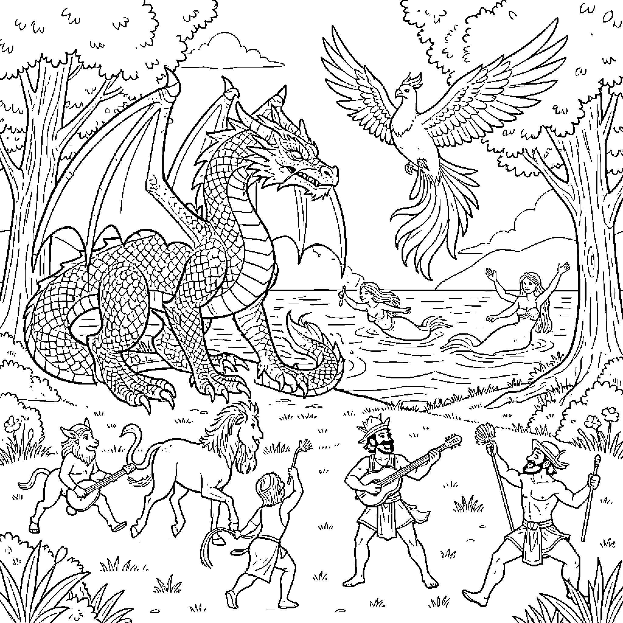 Dragon interacting with mythical creatures in a forest Coloring Page (free black-and-white line drawing printable PDF for all, from beginners to advanced learners, including children, teens, adults, and seniors)