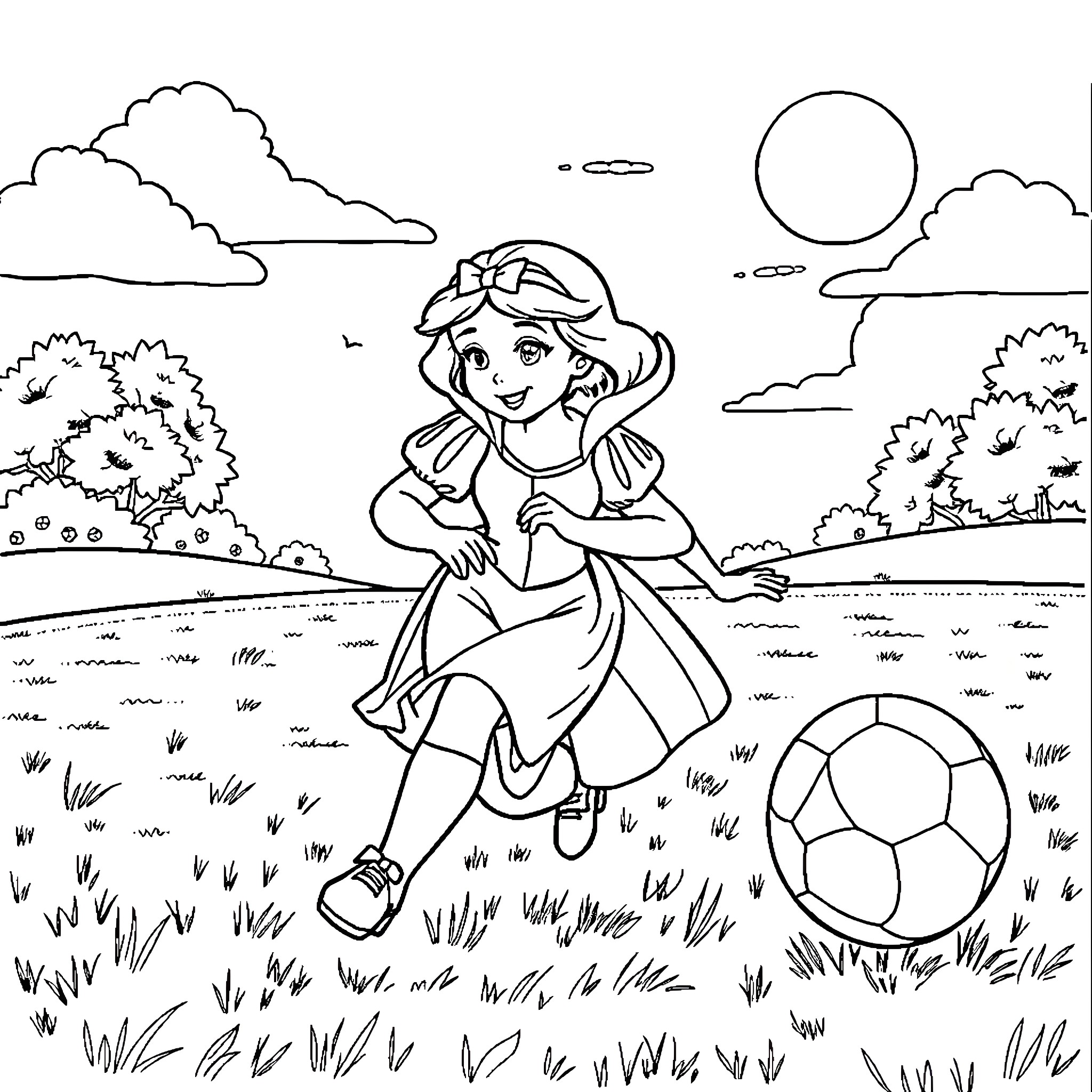Snow White playing joyfully in the meadow Coloring Page (free black-and-white line drawing printable PDF for all, from beginners to advanced learners, including children, teens, adults, and seniors)