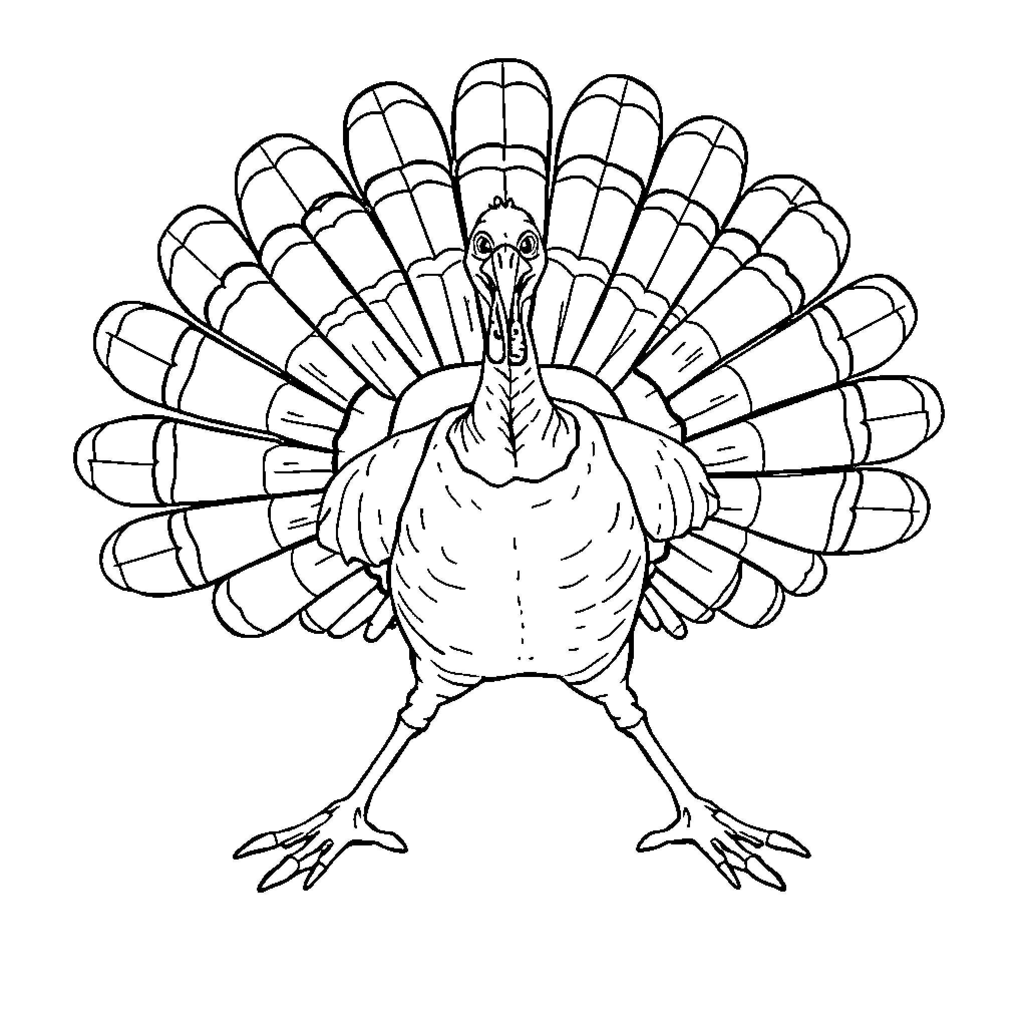 Turkey with spread feathers in black and white Coloring Page (free black-and-white line drawing printable PDF for all, from beginners to advanced learners, including children, teens, adults, and seniors)