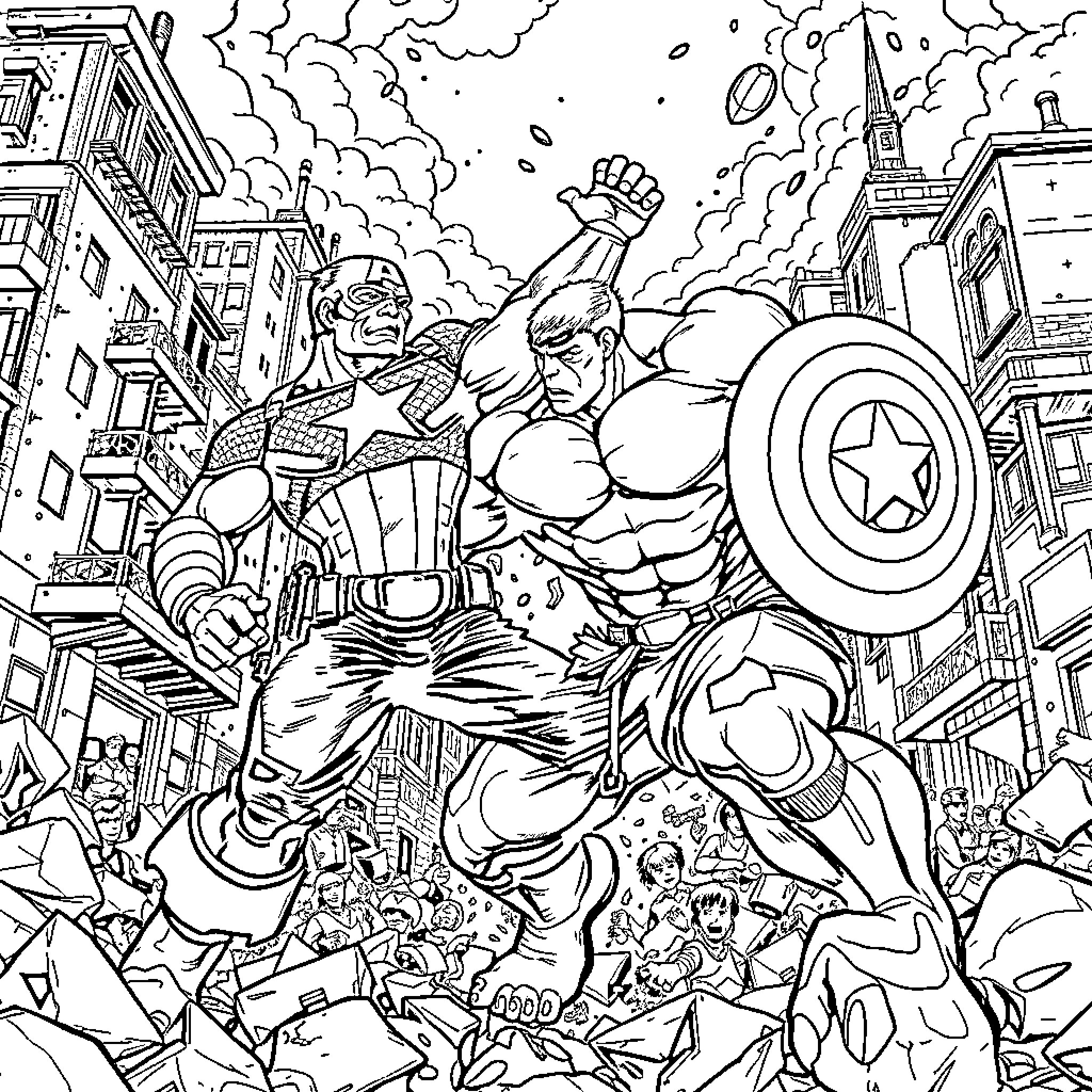 Captain America battles villains in the city Coloring Page (free black-and-white line drawing printable PDF for all, from beginners to advanced learners, including children, teens, adults, and seniors)