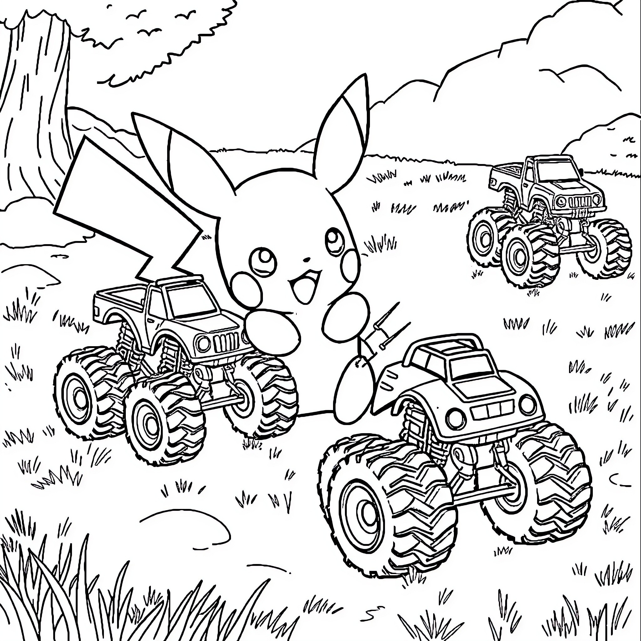 Pichu enjoying monster trucks in the wilderness Coloring Page (free black-and-white line drawing printable PDF for all, from beginners to advanced learners, including children, teens, adults, and seniors)