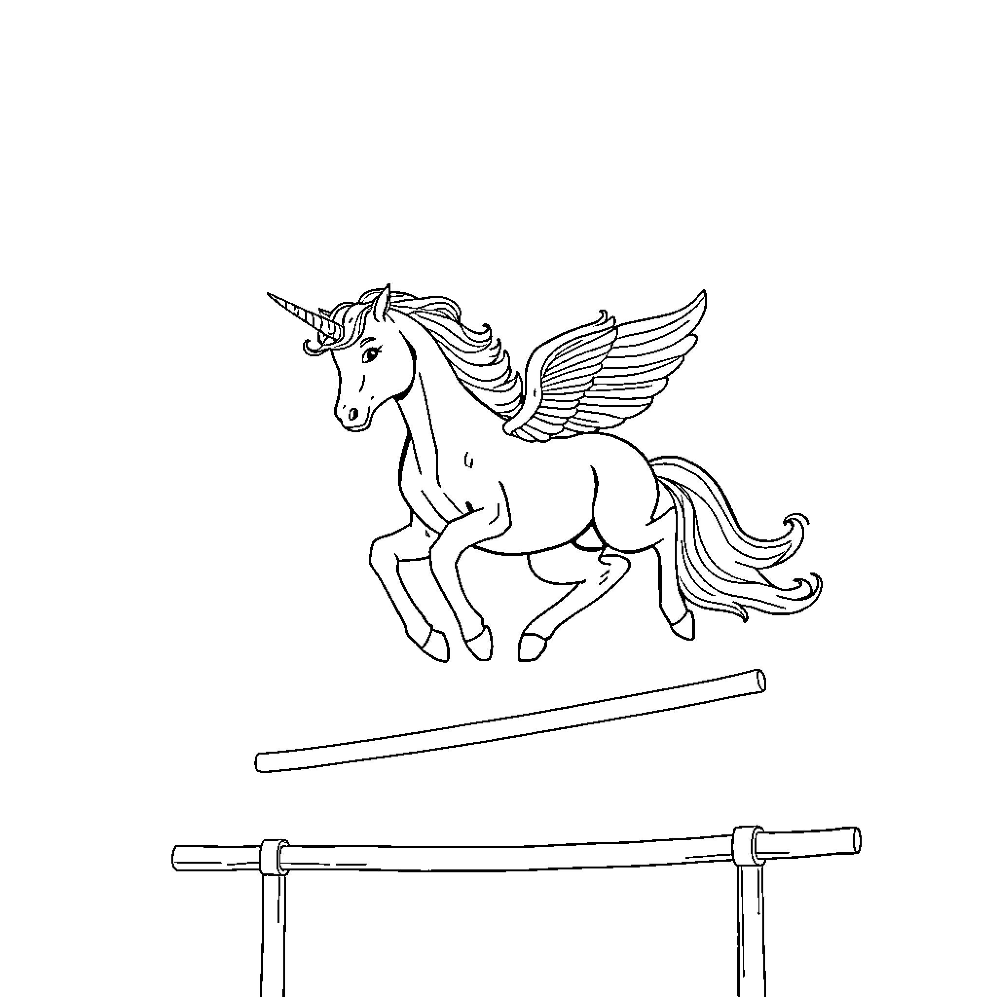 Unicorn jumping gracefully over obstacle Coloring Page (free black-and-white line drawing printable PDF for all, from beginners to advanced learners, including children, teens, adults, and seniors)
