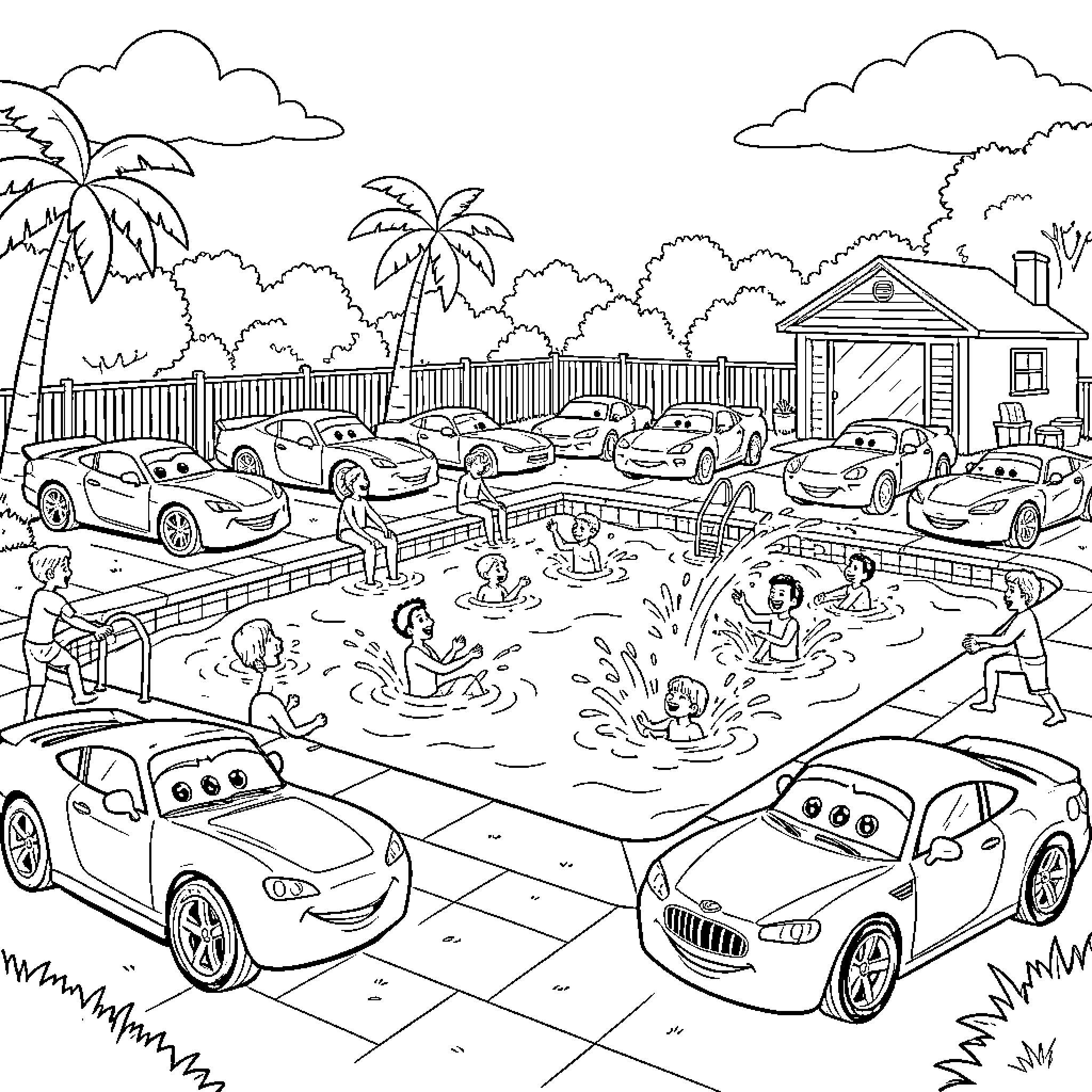 Cars watching characters having fun in a swimming pool Coloring Page (free black-and-white line drawing printable PDF for all, from beginners to advanced learners, including children, teens, adults, and seniors)