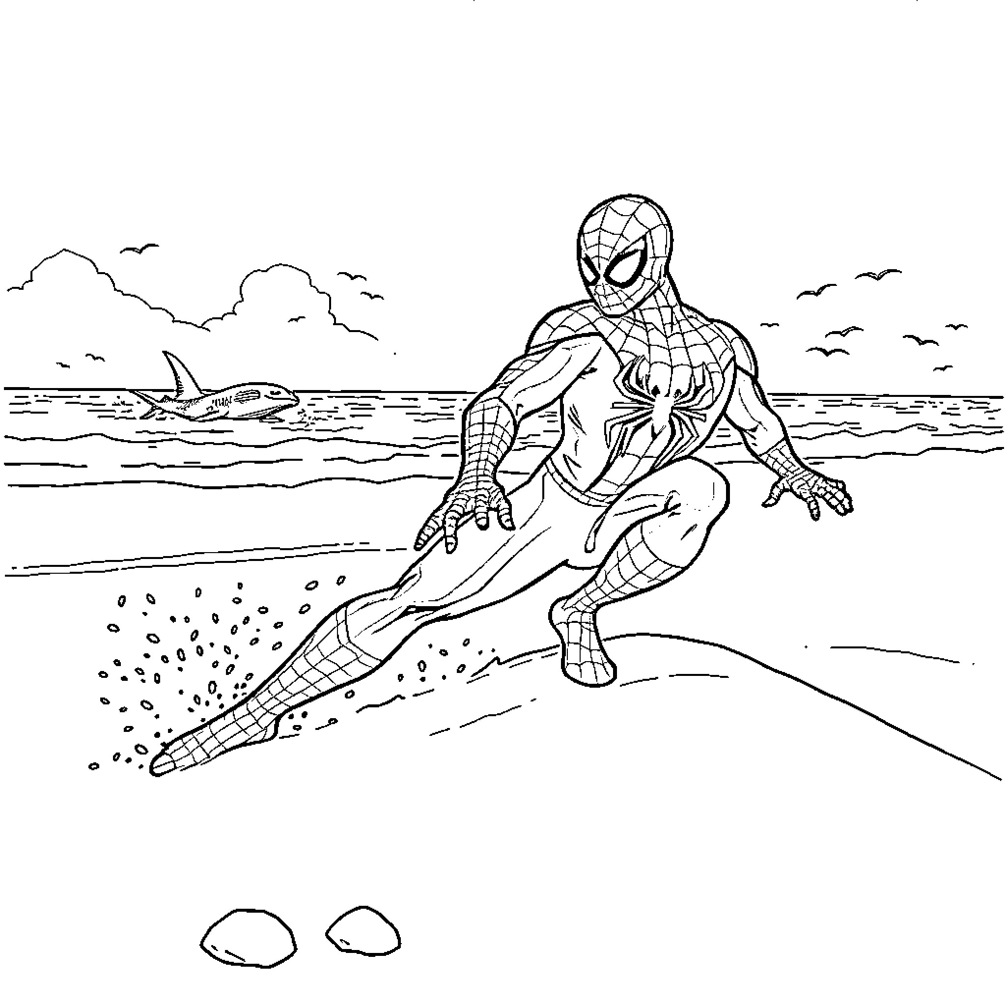Spiderman battles underwater creatures on the beach Coloring Page (free black-and-white line drawing printable PDF for all, from beginners to advanced learners, including children, teens, adults, and seniors)