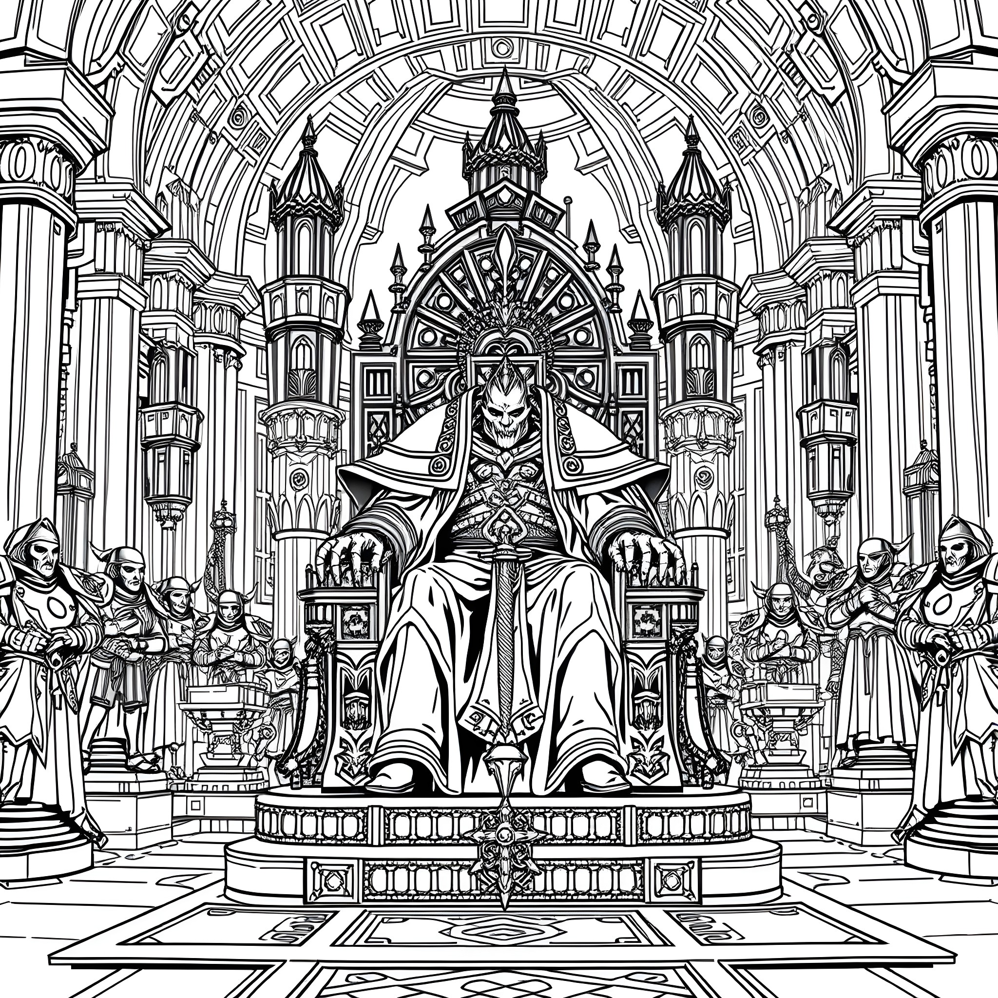Emperor's Elaborate Imperial Throne Room Coloring Page (free black-and-white line drawing printable PDF for all, from beginners to advanced learners, including children, teens, adults, and seniors)