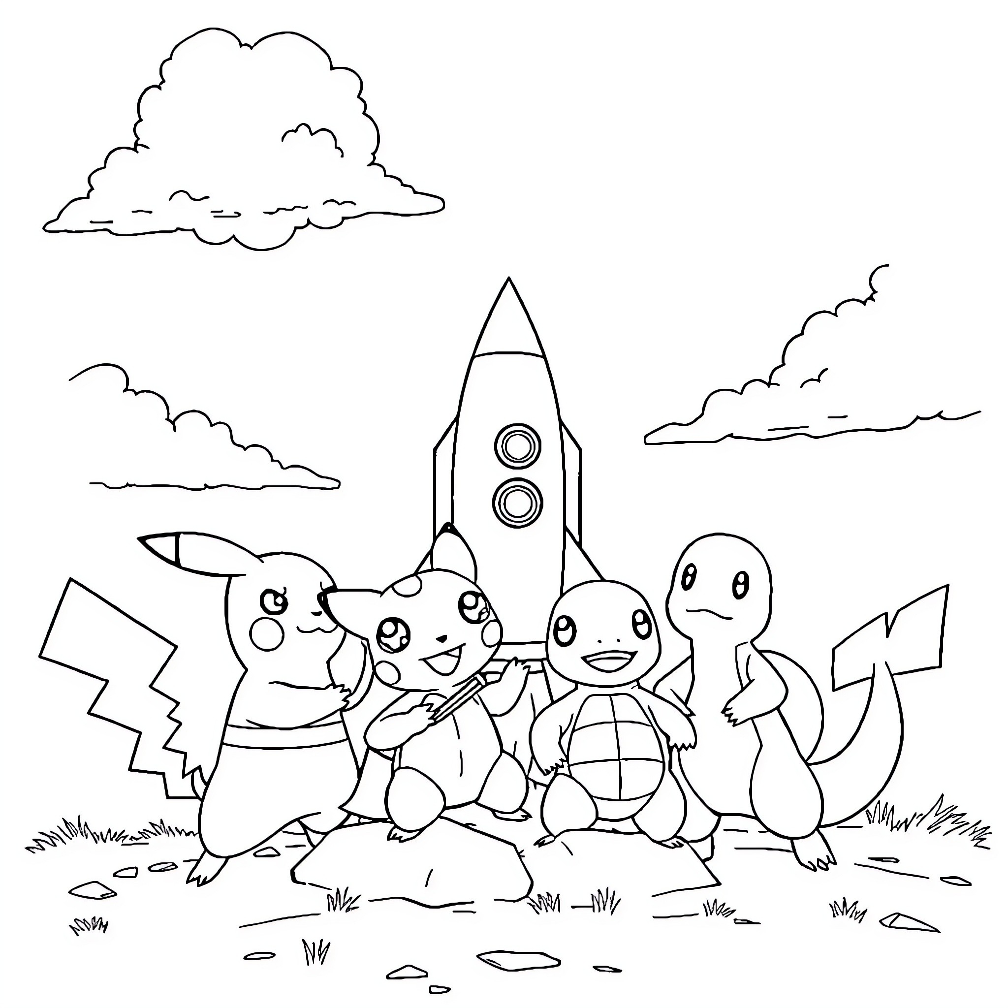 Pikachu and friends explore the rocket launch site Coloring Page (free black-and-white line drawing printable PDF for all, from beginners to advanced learners, including children, teens, adults, and seniors)