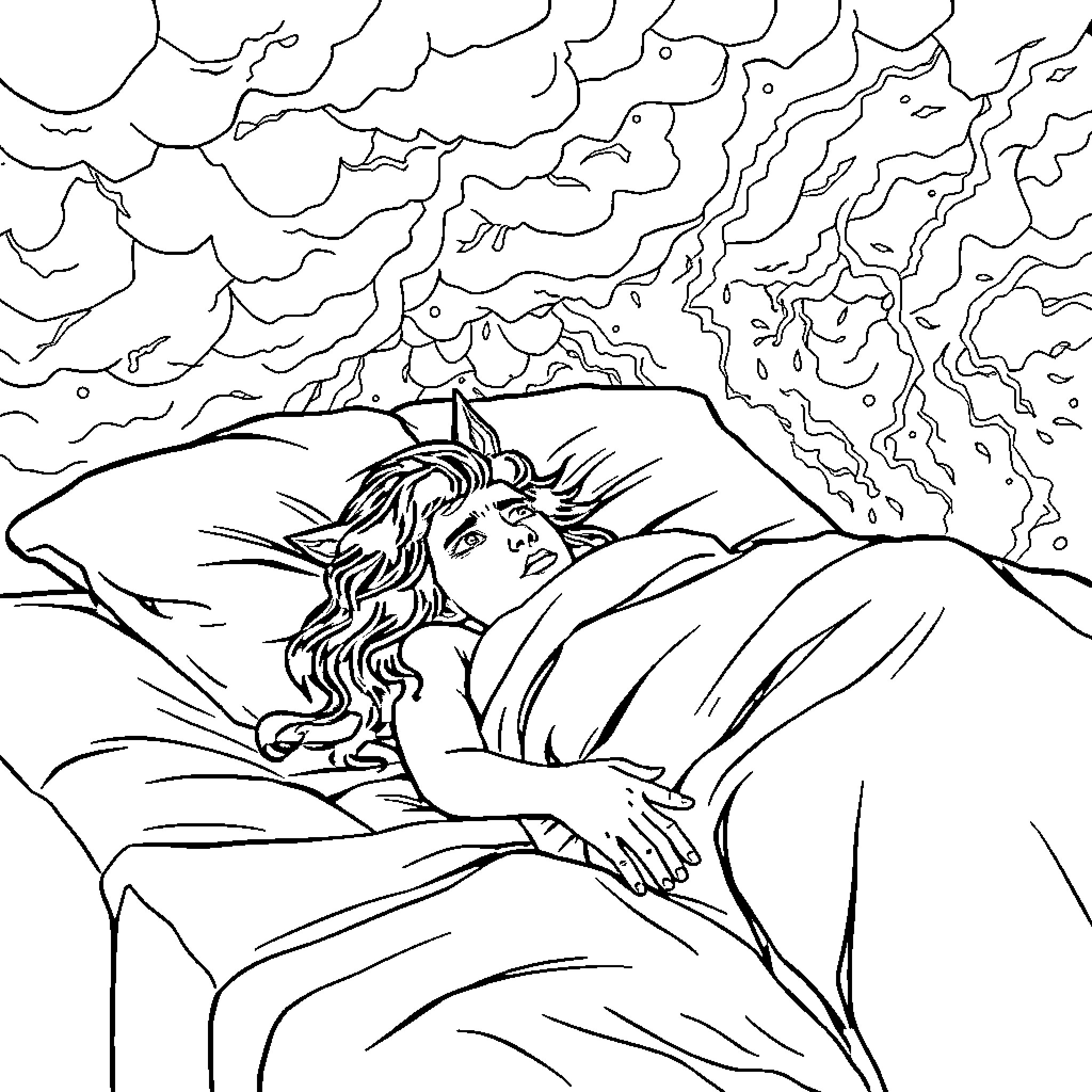 Rogue Slumbering Amidst Turbulent Skies Coloring Page (free black-and-white line drawing printable PDF for all, from beginners to advanced learners, including children, teens, adults, and seniors)
