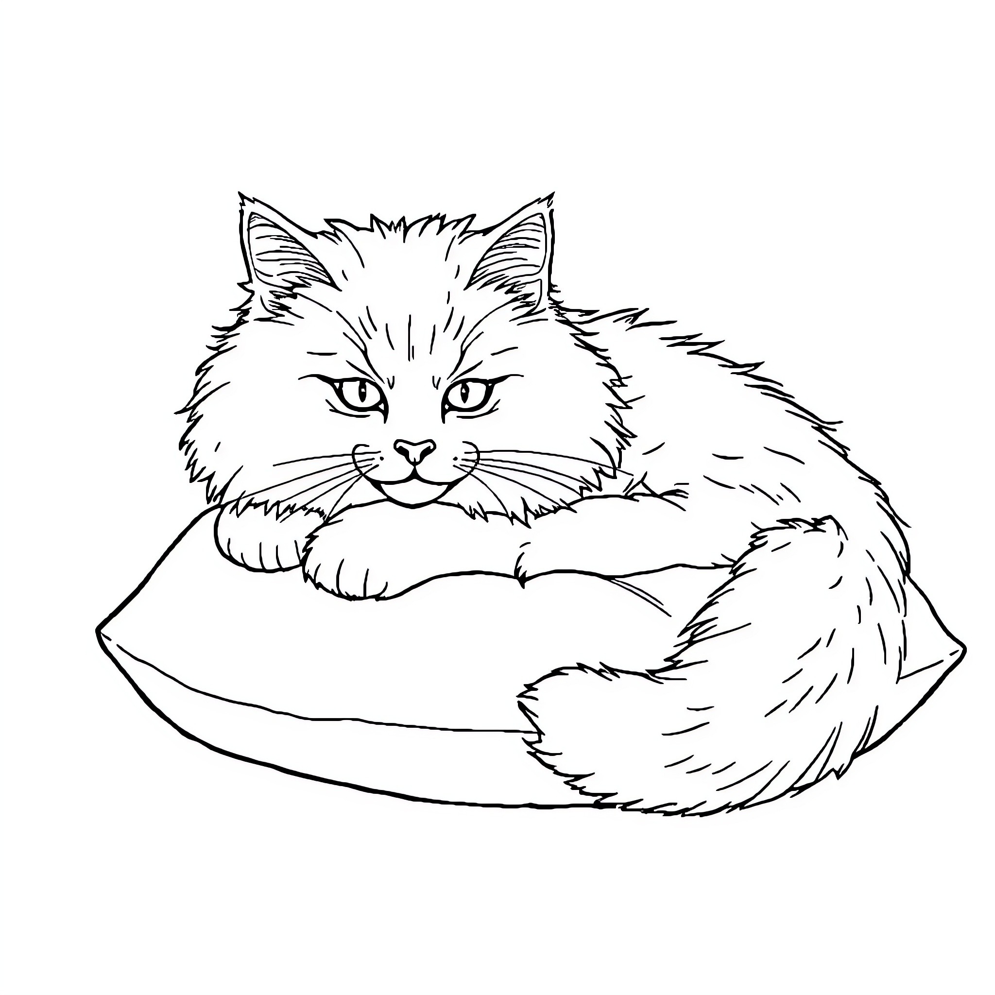 Cat resting comfortably on pillow Coloring Page (free black-and-white line drawing printable PDF for all, from beginners to advanced learners, including children, teens, adults, and seniors)