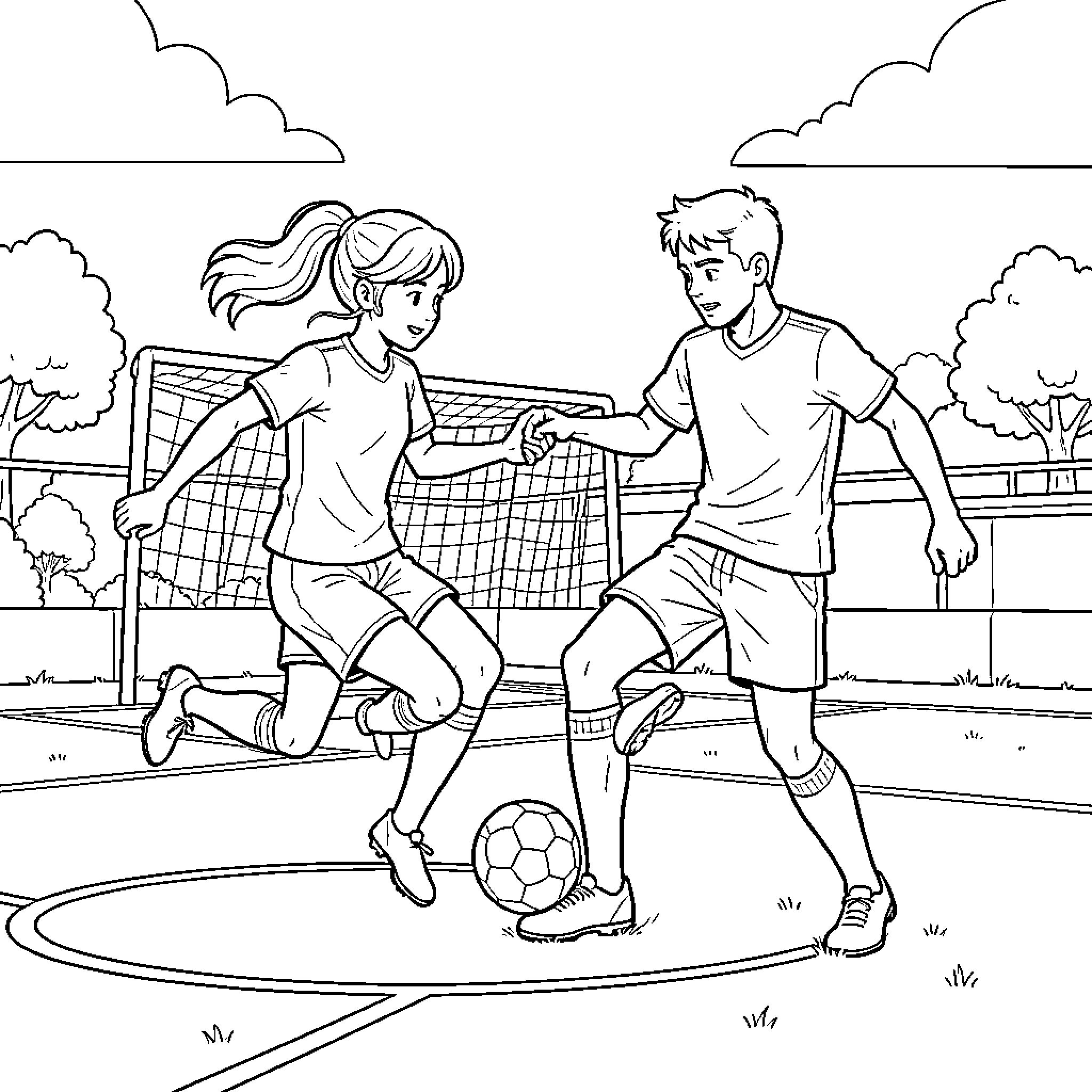 Fille and boy playing soccer together outdoors Coloring Page (free black-and-white line drawing printable PDF for all, from beginners to advanced learners, including children, teens, adults, and seniors)