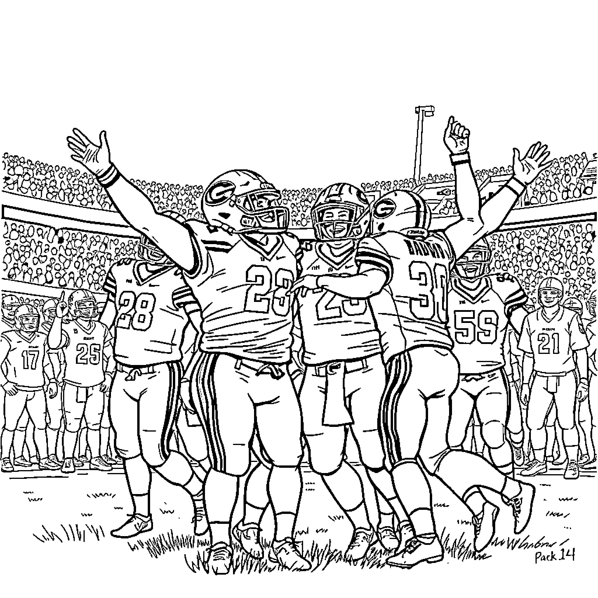Football players celebrating victory on the field Coloring Page (free black-and-white line drawing printable PDF for all, from beginners to advanced learners, including children, teens, adults, and seniors)