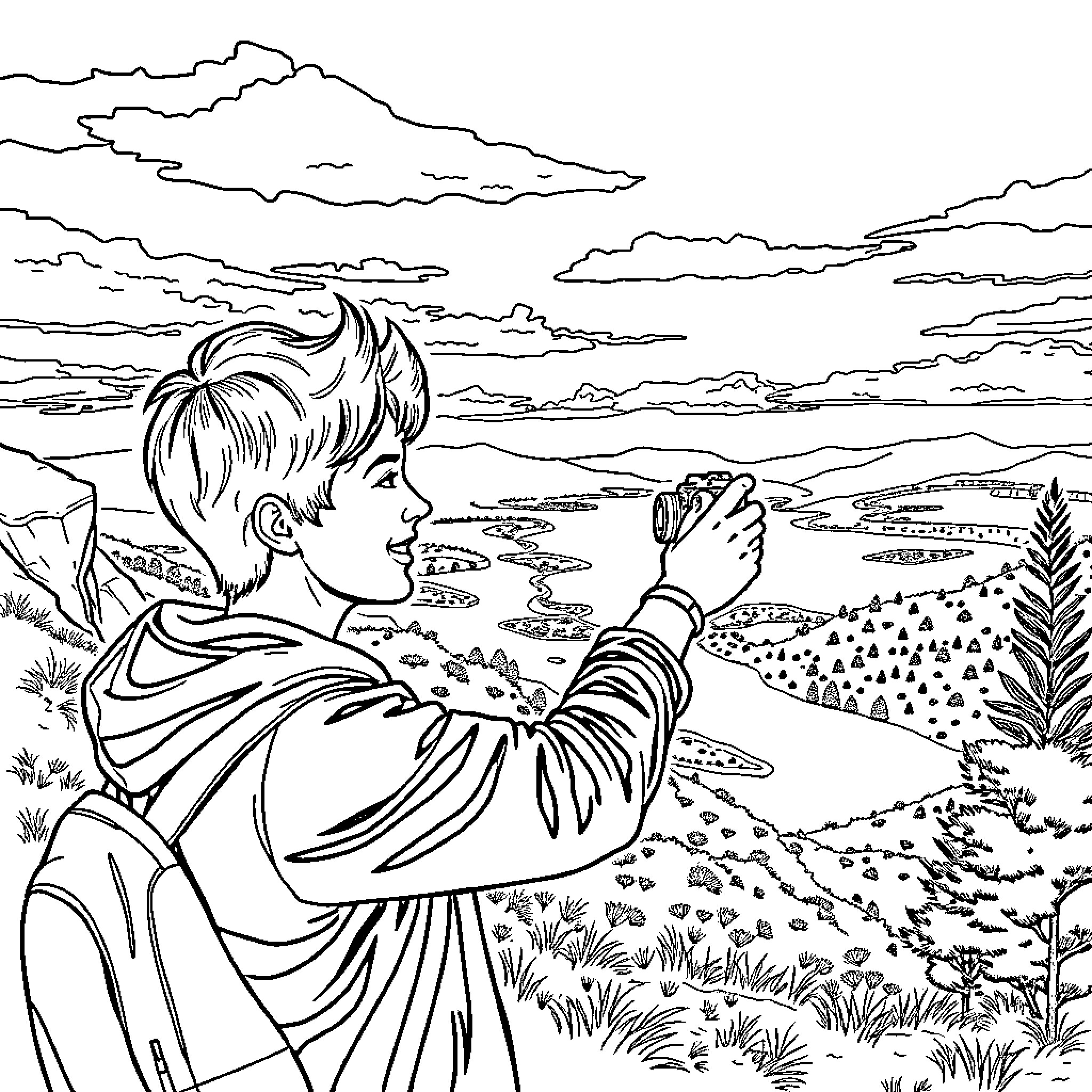 Photography of a person exploring the scenic landscape Coloring Page (free black-and-white line drawing printable PDF for all, from beginners to advanced learners, including children, teens, adults, and seniors)