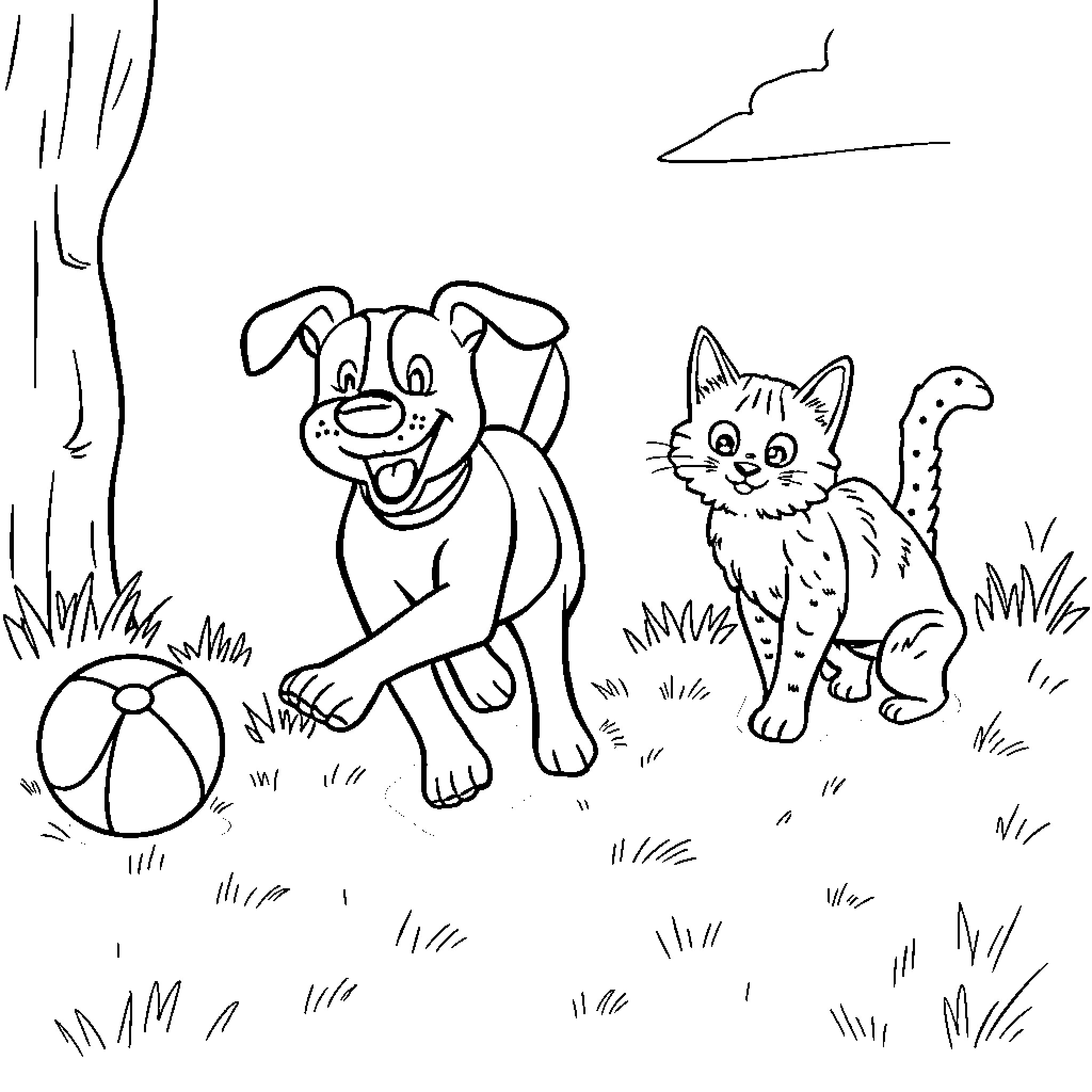 Dog and cat playing together in the park Coloring Page (free black-and-white line drawing printable PDF for all, from beginners to advanced learners, including children, teens, adults, and seniors)