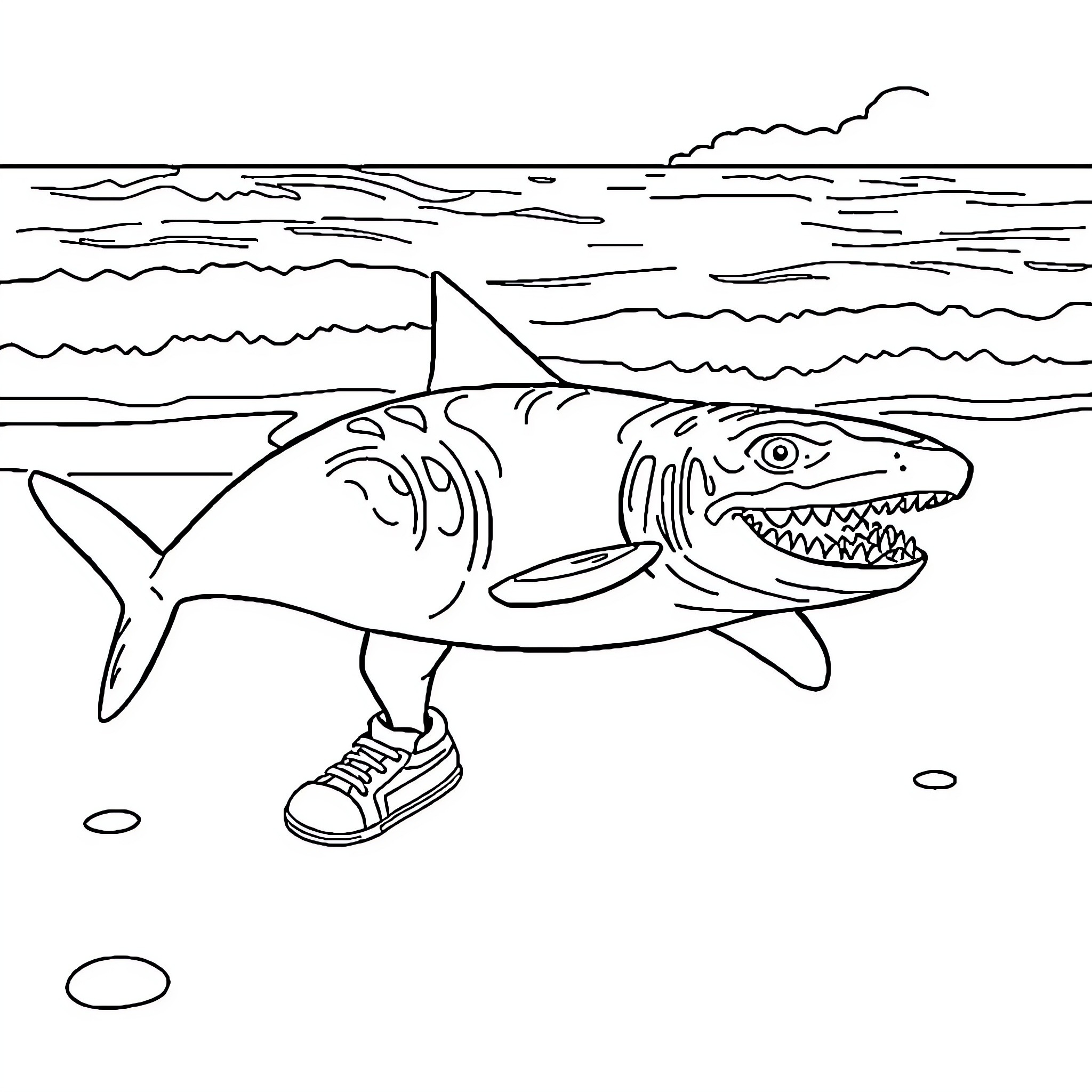 Tiburon wearing sneakers exploring the ocean Coloring Page (free black-and-white line drawing printable PDF for all, from beginners to advanced learners, including children, teens, adults, and seniors)