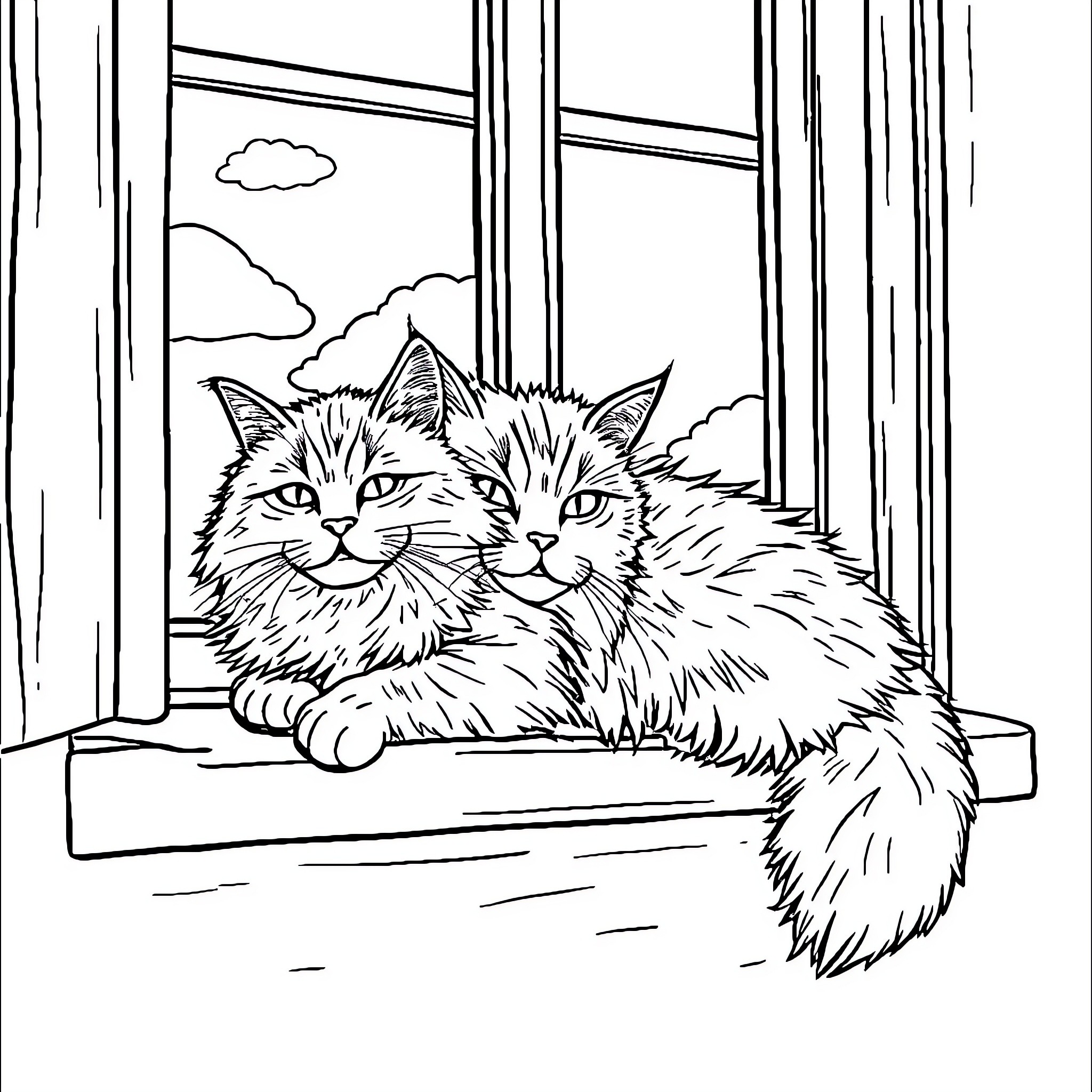 Cats sitting on window ledge Coloring Page (free black-and-white line drawing printable PDF for all, from beginners to advanced learners, including children, teens, adults, and seniors)